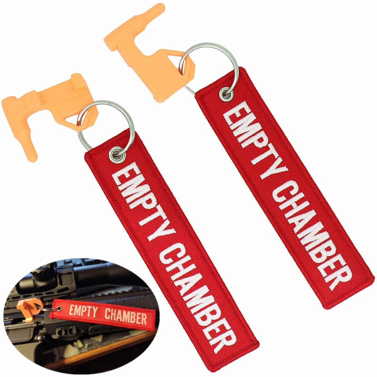 YONCONO 2Pack Chamber Safety Flag Fits Rifle Handguns Shotgun Pistol, Orange Embroidery KeyChain Empty Chamber Tags - Universal Compatibility