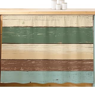 Vintage Cabinet Curtains Brown Green Stripes Rustic Wood Grain Background Sink Skirt Privacy Short Cabinet Curtain for Kitchen Bathroom Self Adhesive Waterproof Under Sink Curtain 11" W x 13" L