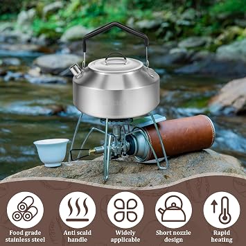 Camping Kettle Portable Camp Tea Coffee Pot Stainless Steel Teapot with Anti Scald Handle Fast Heating Boiling Water for Outdoor Campfire Hiking Camping Picnic Outdoor Activity(1L)
