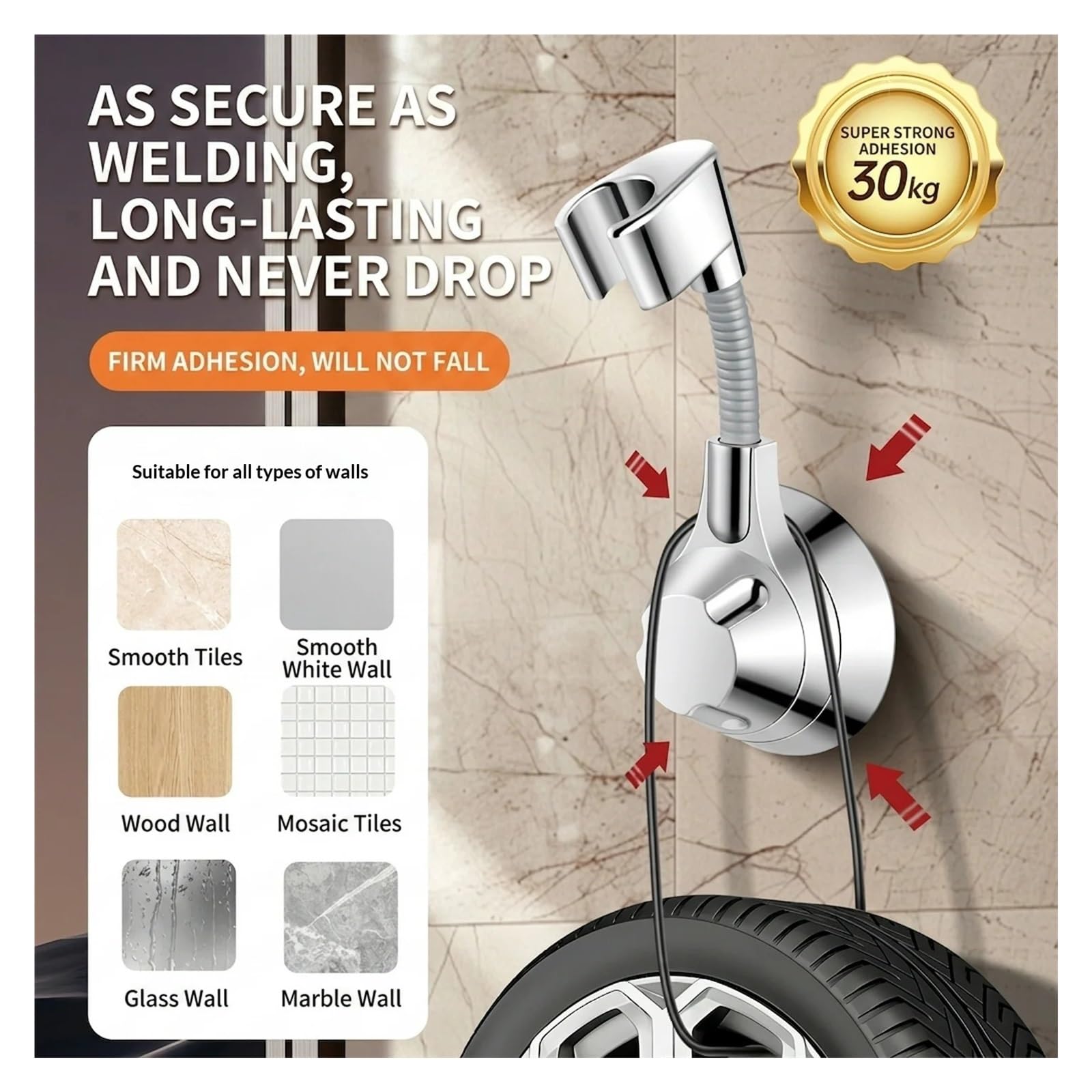 Soporte de cabezal ducha ajustable, soporte adhesivo montaje en pared, rotación 360 ​​grados, boquilla mano resistente, baño Adecuado para cabezales de ducha(Cone Black)