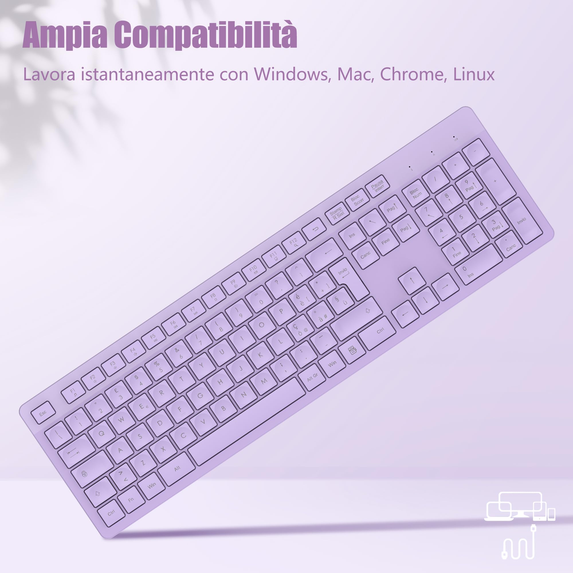 LeadsaiL Tastiera Wireless, Wireless Keyboard Full Size, Italiano QWERTY Layout Ergonomico USB 2.4Ghz con Tastierino Numerico per PC, Laptop, Mac OS, Macbook Pro/Air, Windows-Lavender