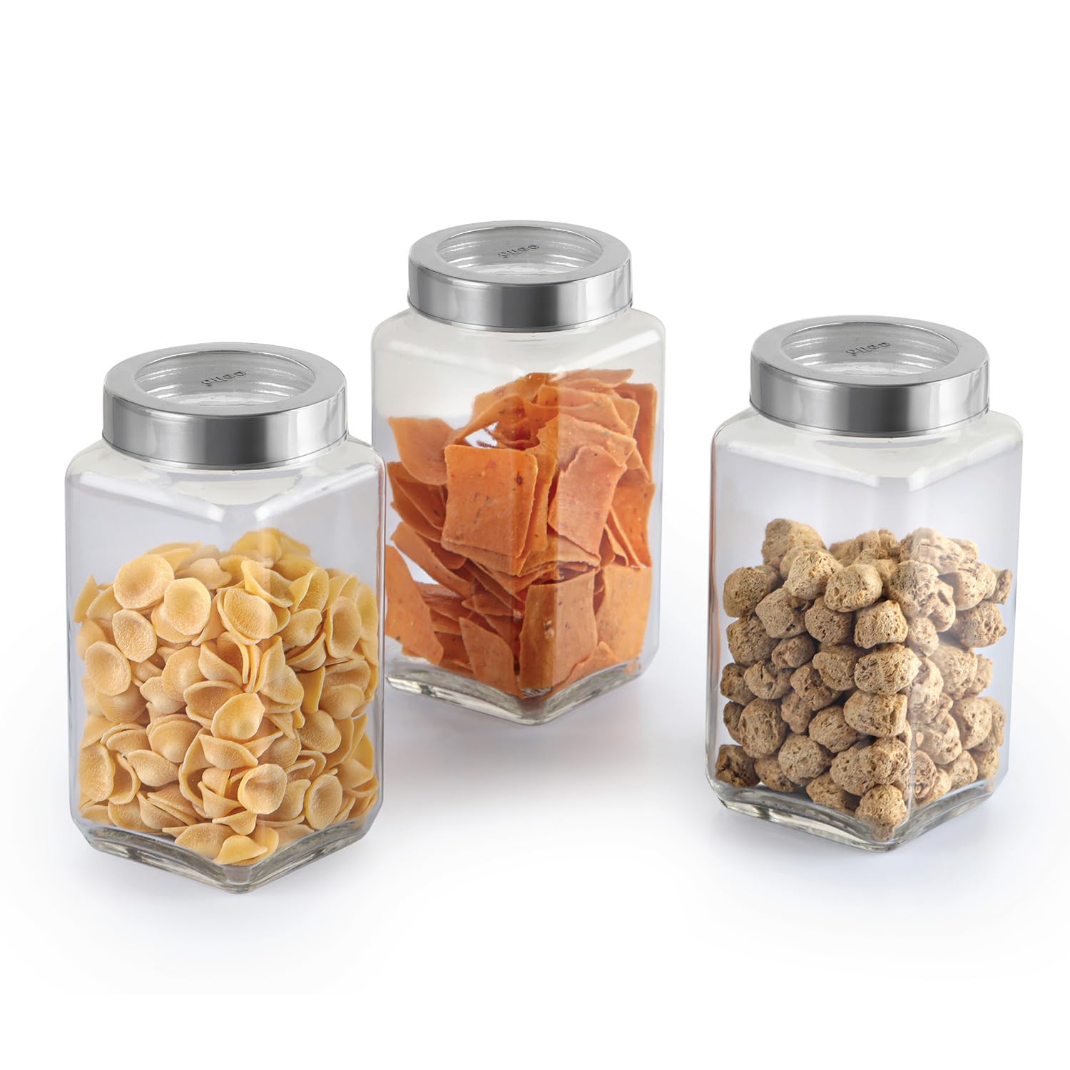 CELLO Qube Fresh Glass Storage Jar for Kitchen Set of 3 Pcs, 1000ml Transparent | Fridge Safe Airtight Leadfree Toughened Glass Kitchen Storage Containers Set For Beans, Whole Grains Spices Dry Fruits