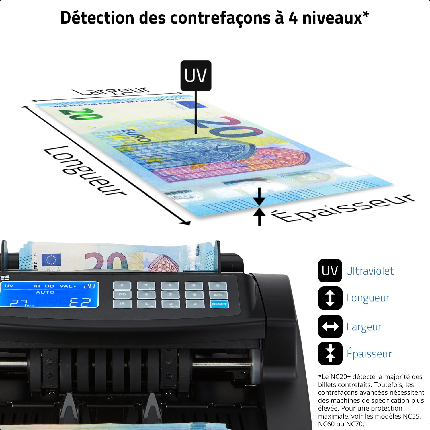ZZap NC20+ Compteuse de Billets & Détecteur de Contrefaçons - Compte 1000 billets par minute, compte par lots, détecte les contrefaçons sur 4 points et plus encore!