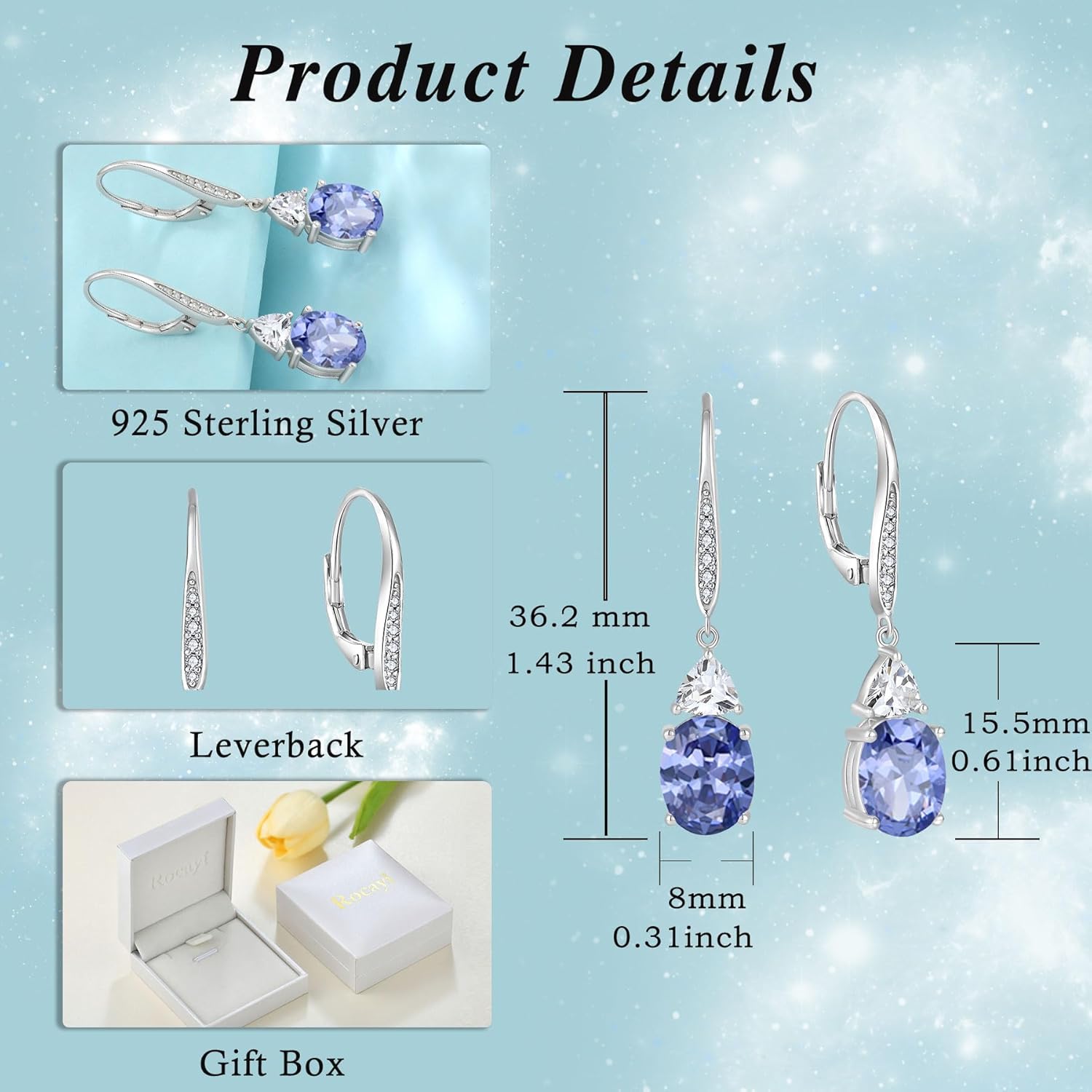 Oval Dangle Drop Earrings for Women 925 Sterling Silver Leverback Earrings Birthstone Jewelry Gifts for Her - Image 6