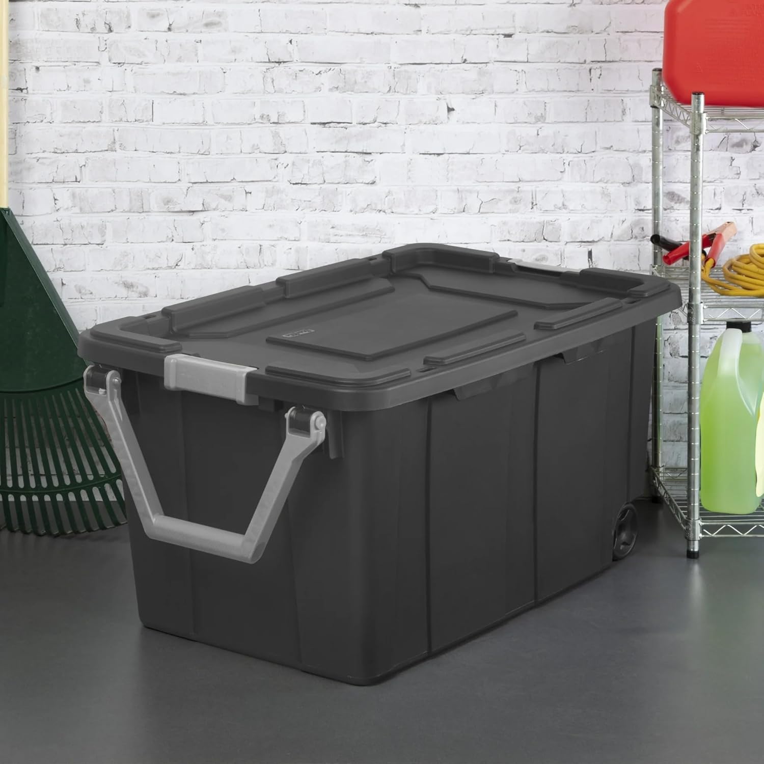 40 Gallon Extra-Large Wheeled Industrial Storage Bin, Heavy-Duty Stackable Rolling Container, with Latch Lid and Pull Handle, Gray, for Garage Basement Camping Tools