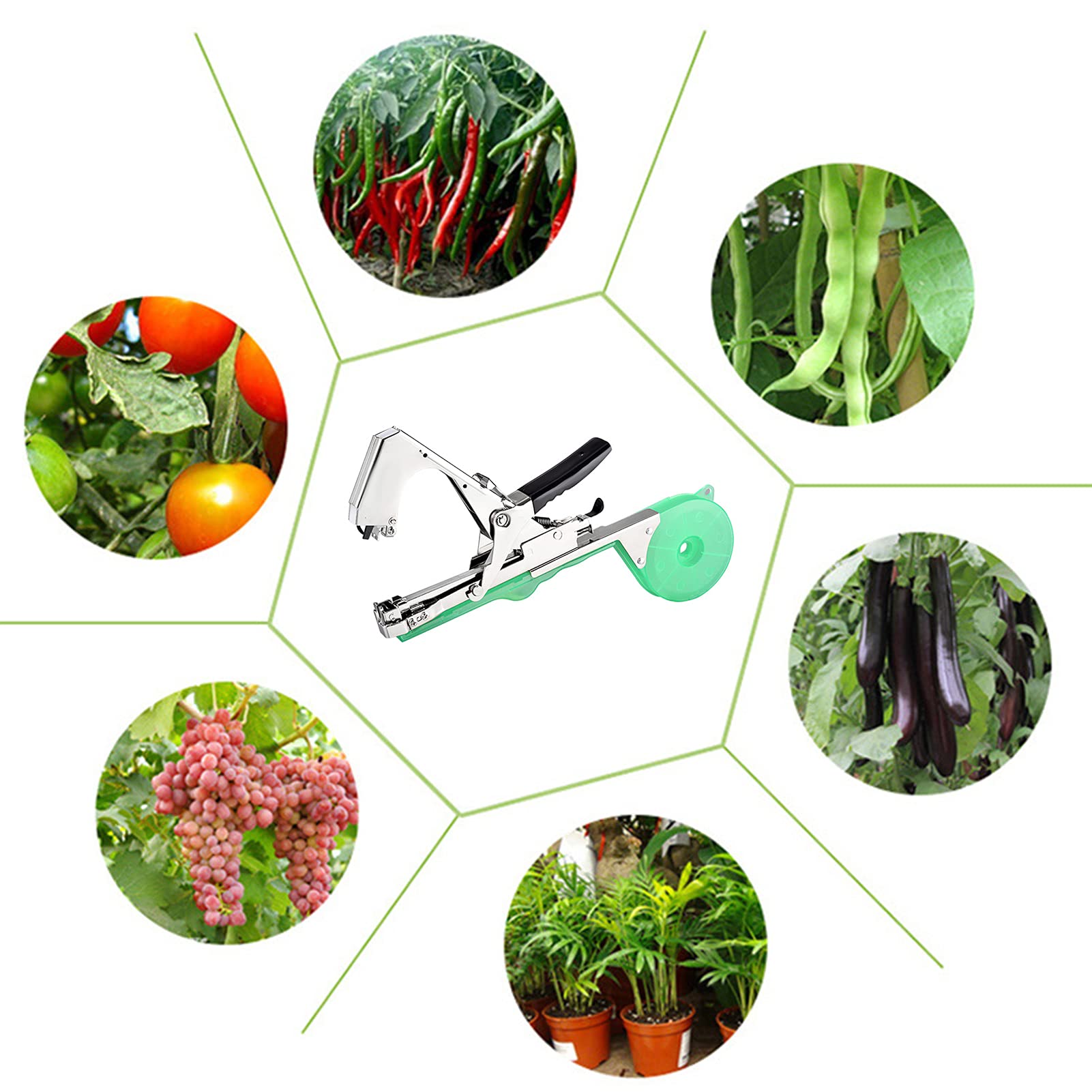 FUFRE Máquina de encuadernación para plantas, herramienta de cinta de jardín, con 10 rollos de cinta, 10.000 grapas, máquina de encuadernación manual para plantas enredaderas, tomates, uvas,
