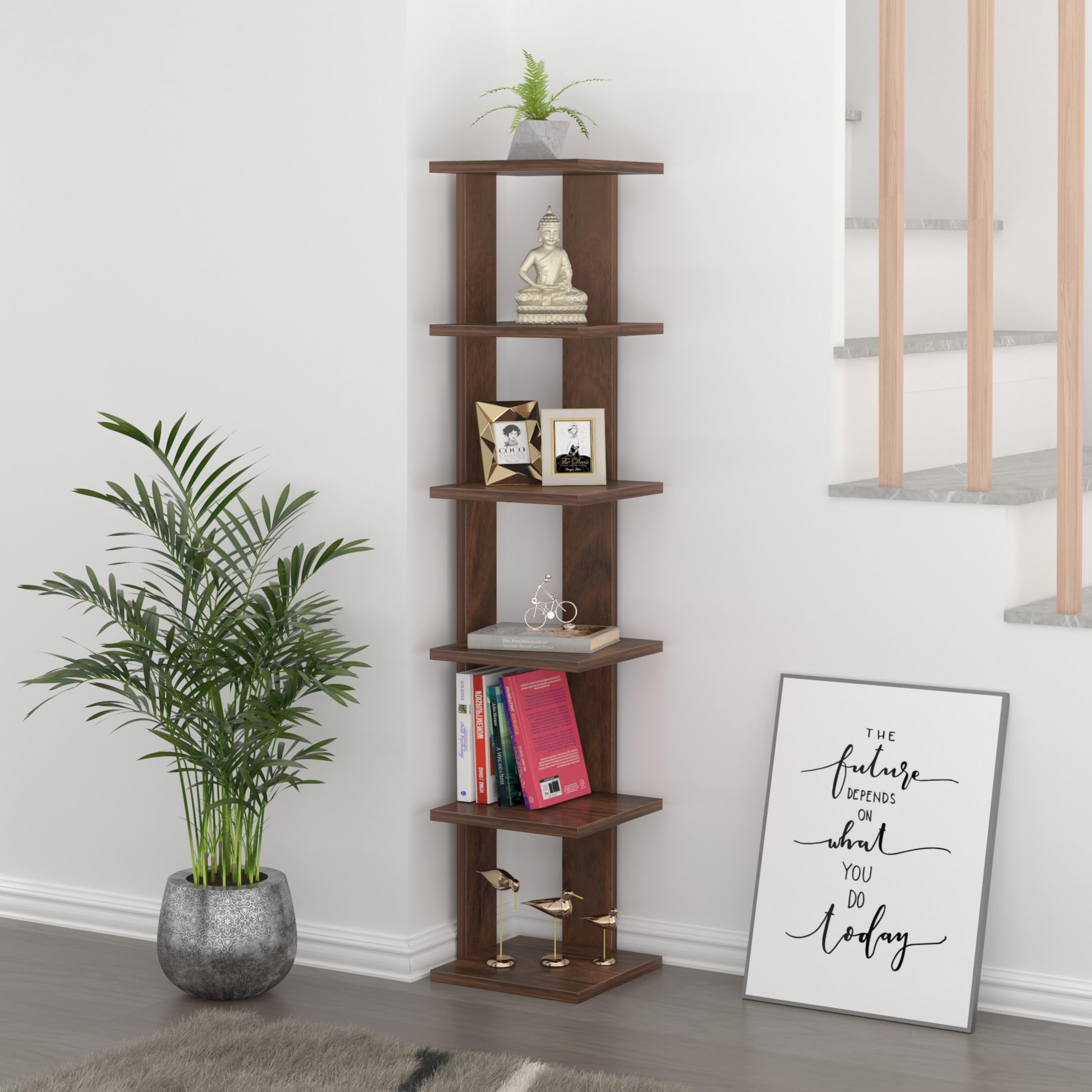 BLUEWUD Braine Engineered Wood Multipurpose Wall Decor Floating & Free Standing Shelf Display Rack Decorative Hall Décor for Living Room Home Furniture (6 Square Shelves) (Brown Maple)-image-33