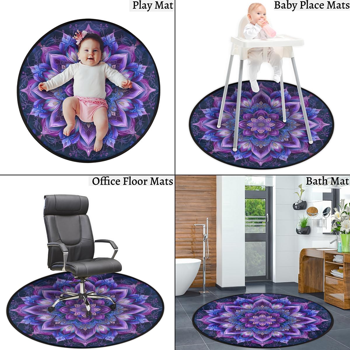 Round Rug 33.88in Indoor Circle Area Rug Beautiful Mandala Blue Flowers Round Non Slip Washable Easy -Cleaning Soft Throw Rugs Floor Carpet for Farmhouse Living Room Bedroom Nursery Room Dining Room