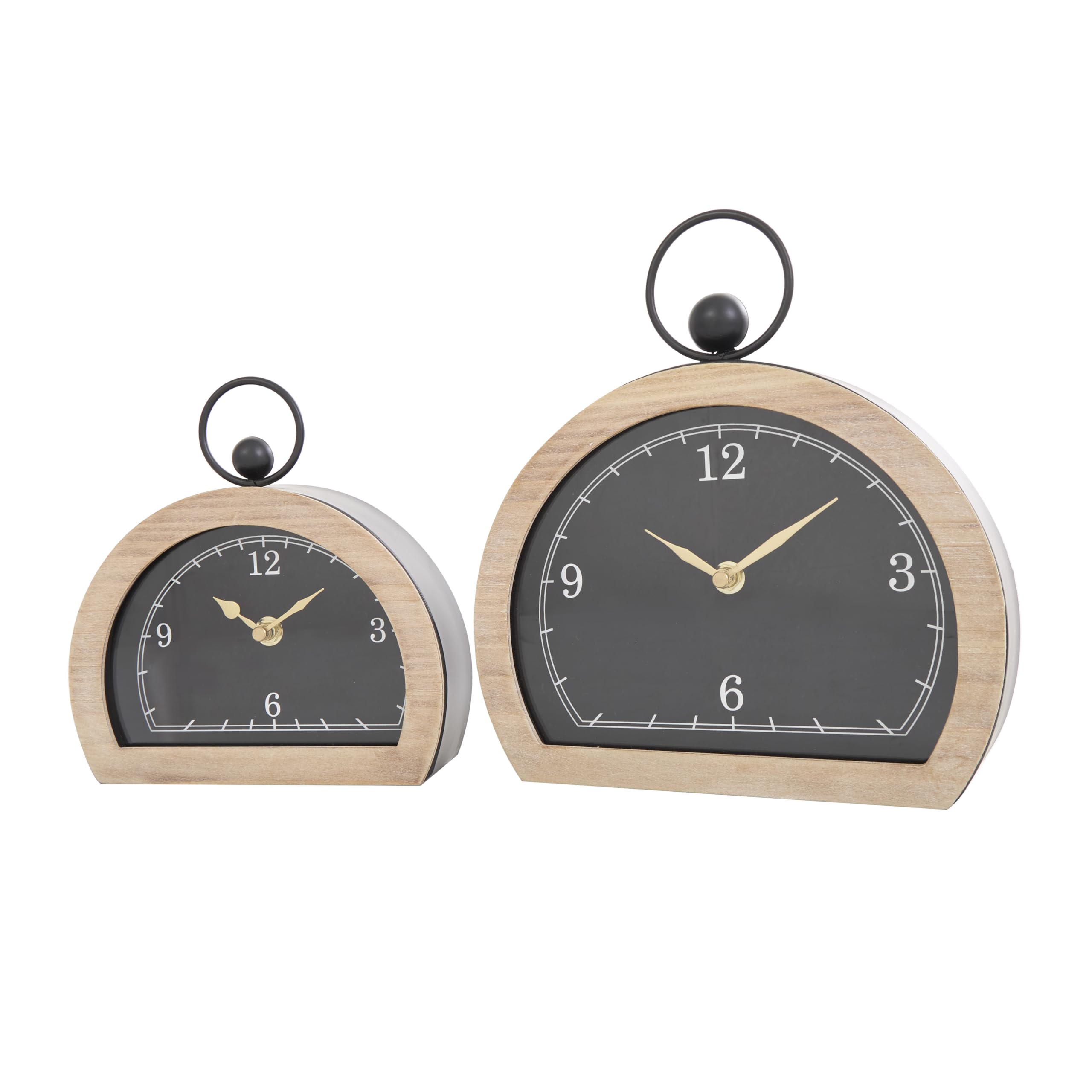 Deco 79 Wooden Semicircle Clock with Brown Wooden Frame and Ring Handle, Set of 2 10", 7" H, Black