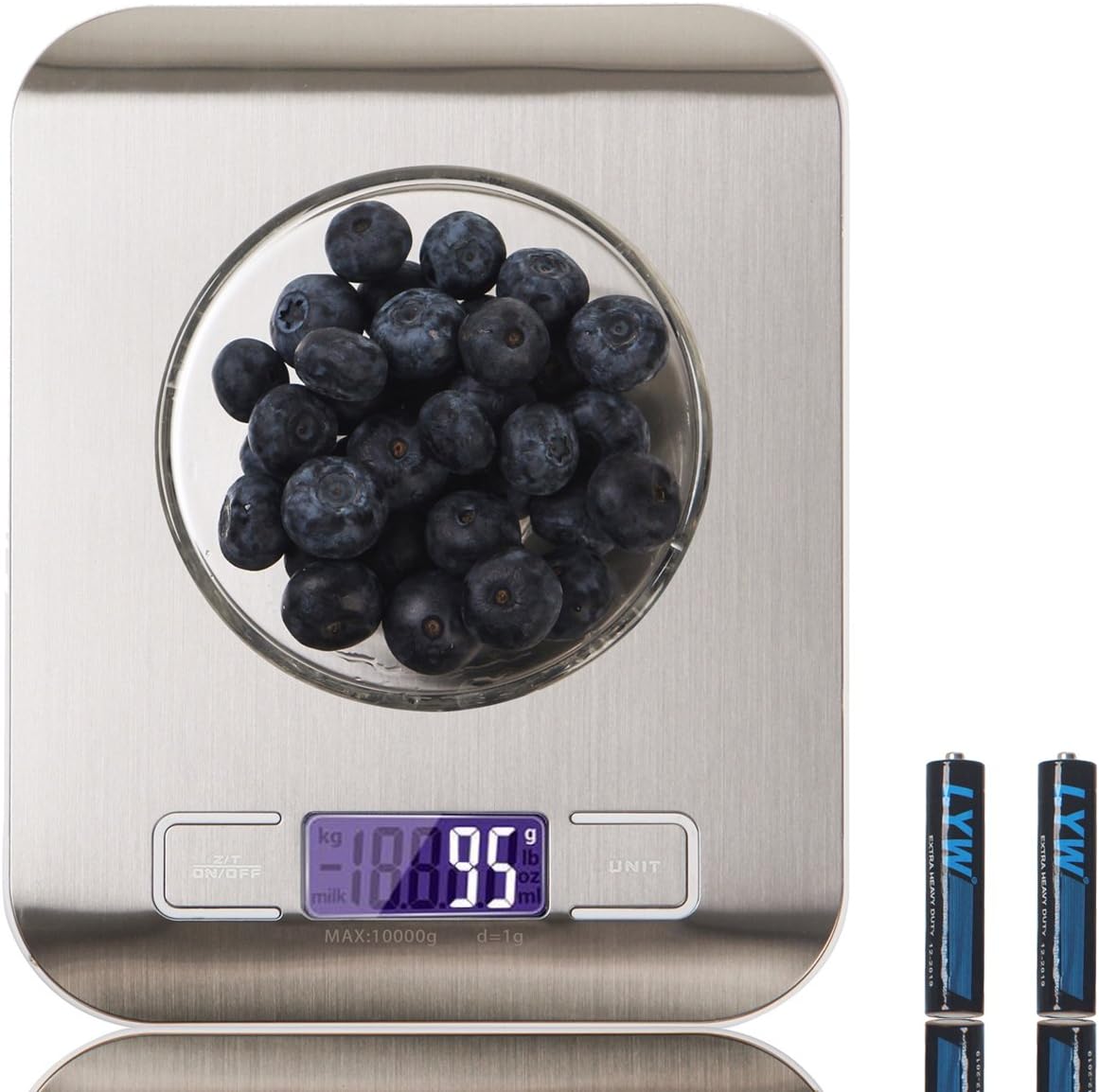 Multifunction Digital Food Scale,Max-range 22lb/10kg and Display Accuracy 0.002lb/1g,LCD Large Display,Silver,Stainless Steel(Batteries Included)