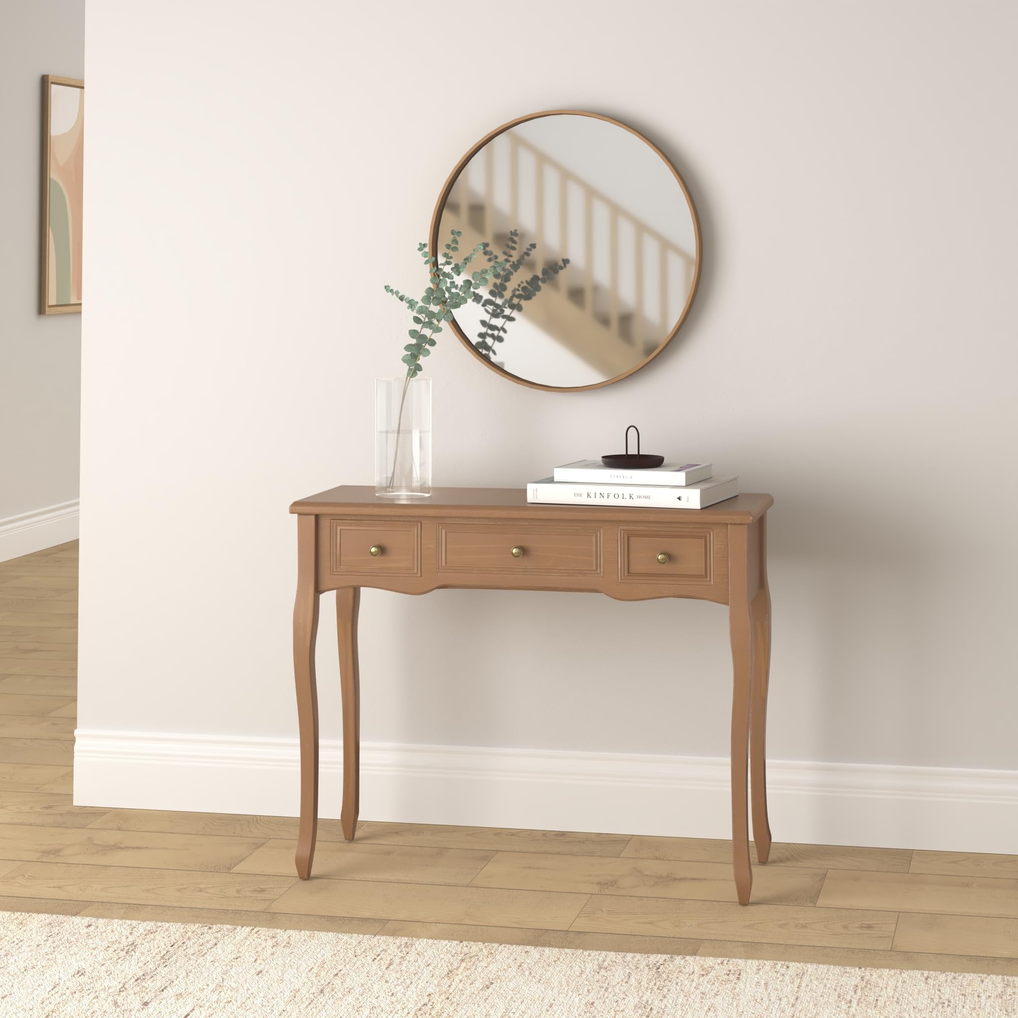 vidaXL Tavolo Consolle da Trucco Compatto con 3 Cassetti Tavolino Cosmetico Toilette Pomelli in Ferro Marrone in MDF e Legno di Pino