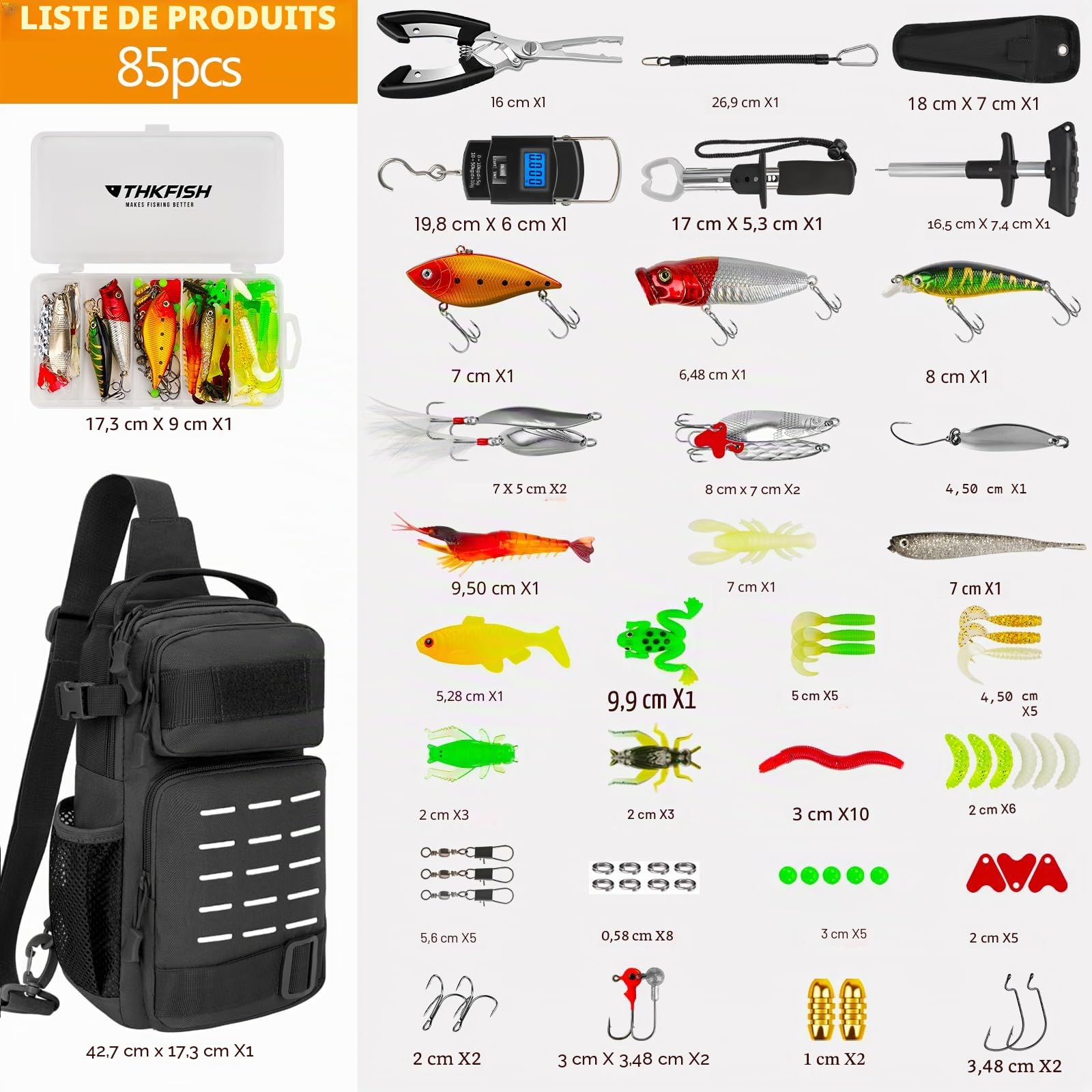 THKFISH Kit d'outils de pêche 85 pièces, sac à dos de pêche avec boîtes de pêche incluses, kit de matériel de pêche comprenant un kit d'appât de pêche, une pince de pêche, un extracteur d'hameçon, une