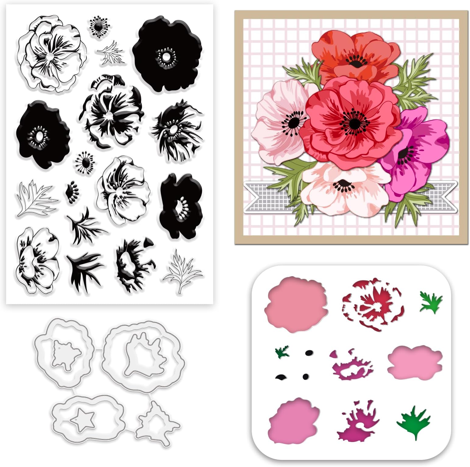 Anemone Clear Stamps and Dies Set Anemone Flowers Painting Stencils Layered Flowers Stamps and Cutting Dies Leaves Silicone Stamp Anemone Wall Stencils for DIY Craft Scrapbooking Home Decor