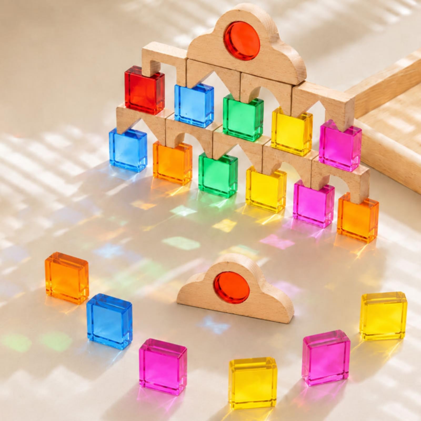 Holzbausteine mit Acrylfenster lichtdurchlässig Holzbausteine mit Acryl Frühförderung Regenbogenbausteine für