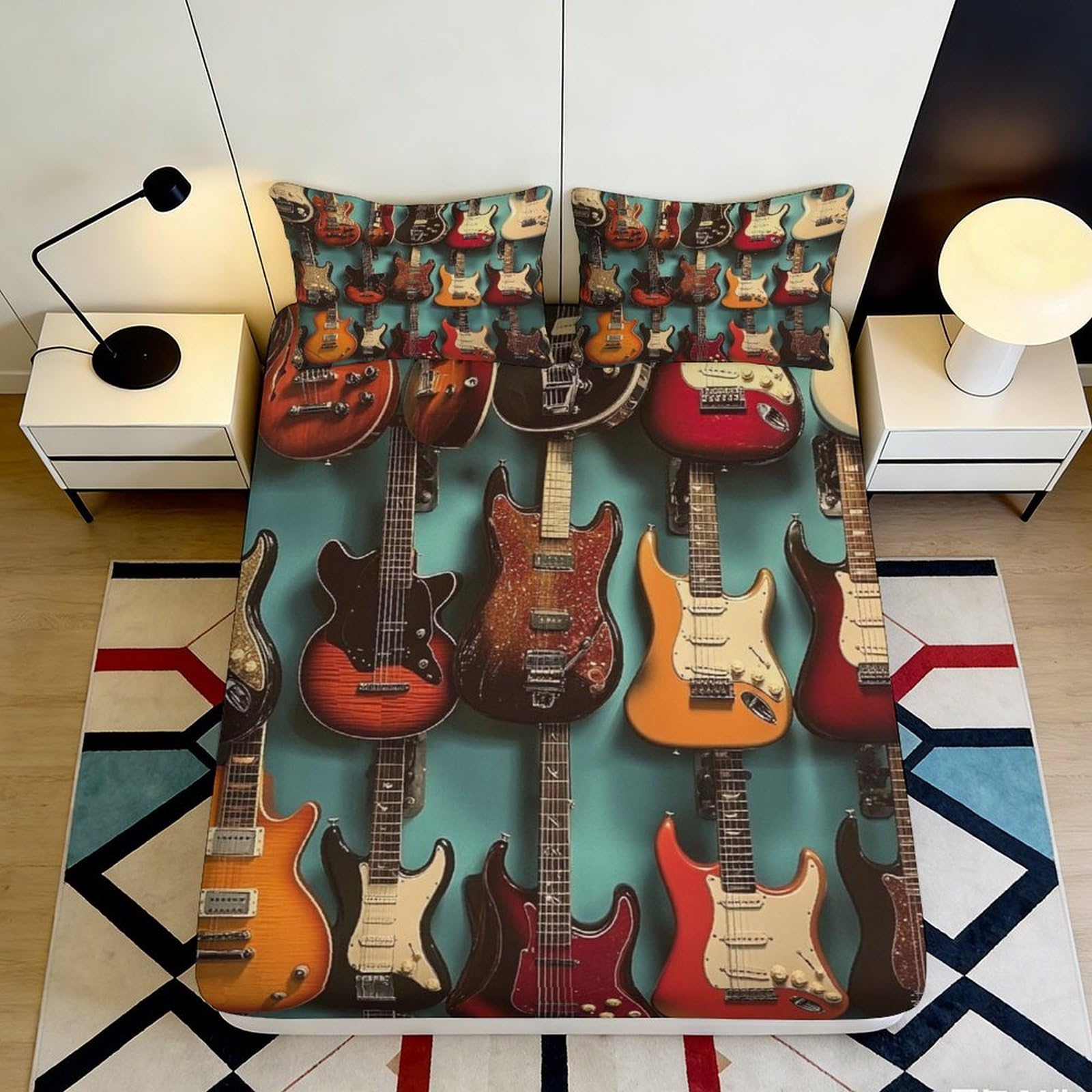 3D Printed Electric Guitar Fitted Sheet Microfiber Non-Slip Musical Instrument Bed Cover for Bedroom Dorm Decor 90x200x25cm