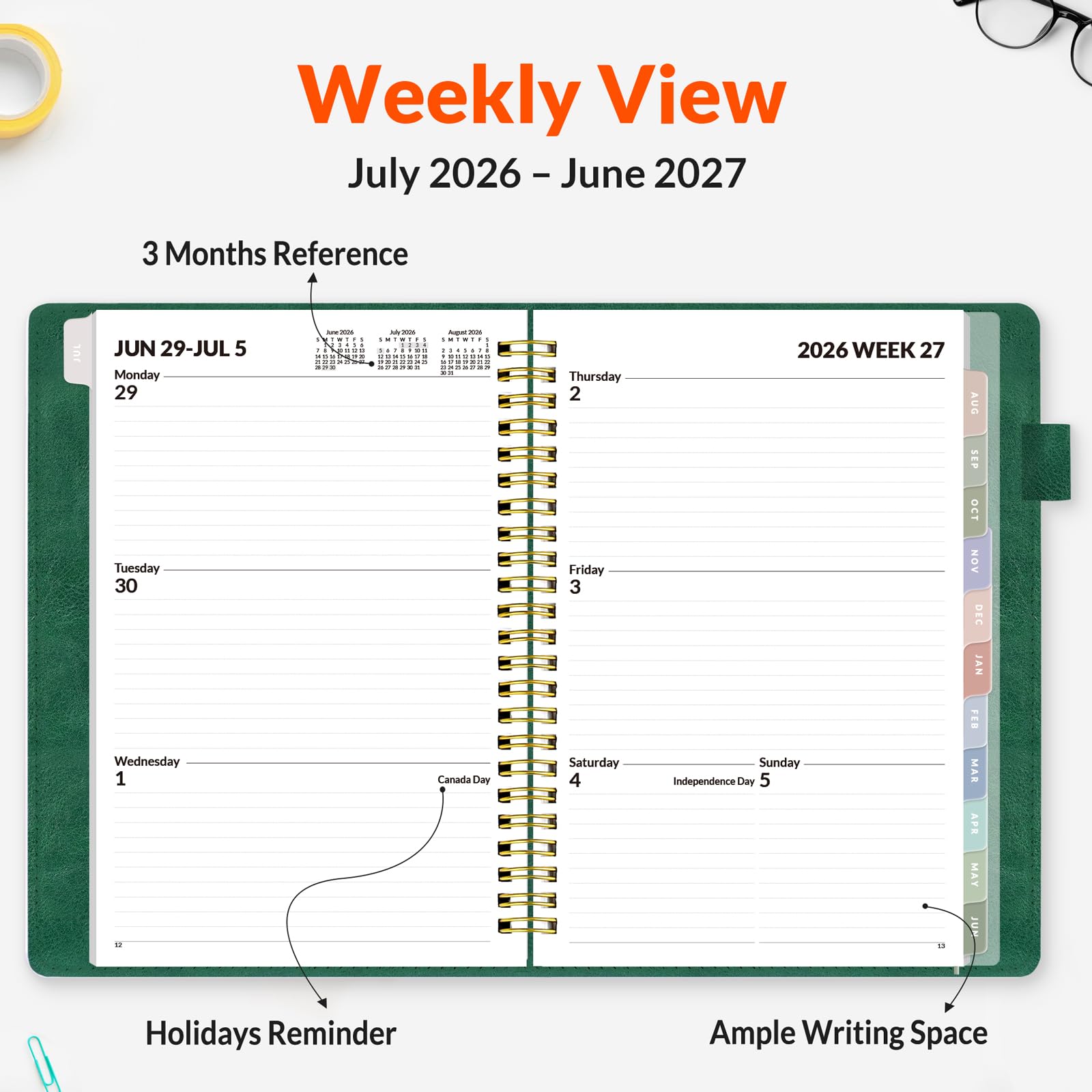 SUNEE Agenda settimanale e mensile 2026-2027, 16,3 x 21,6 cm, 12 mesi (luglio 2026 - giugno 2027), copertina in pelle vegana, calendario accademico, tasca, appunti, scheda mensile, verde scuro
