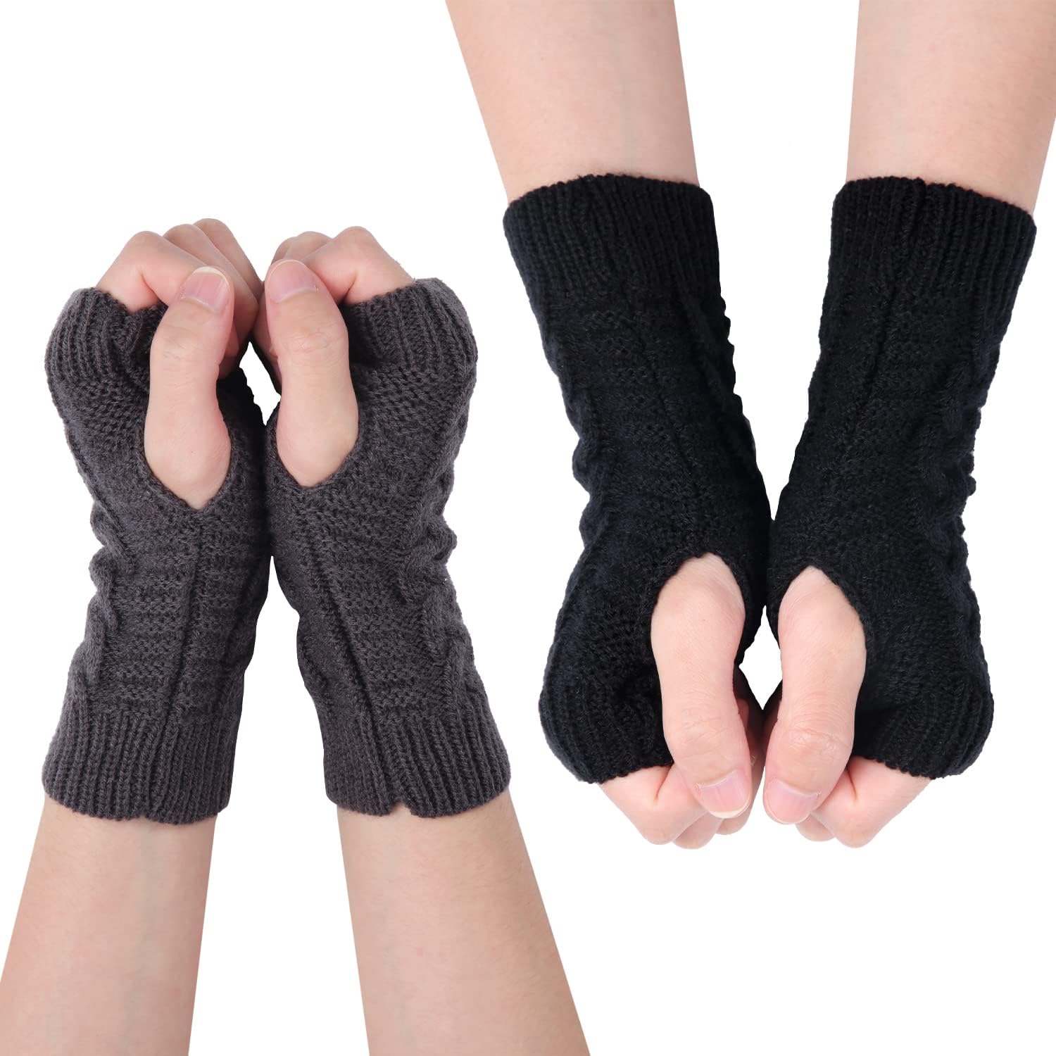 KINBOM 2 Pairs Unisex Half Finger Gloves, Stretchy Ribbed Arm Warmers Wrist Winter Knitted Fingerless Gloves for Women Men Winter Cold Weather (Black & Dark Gray)
