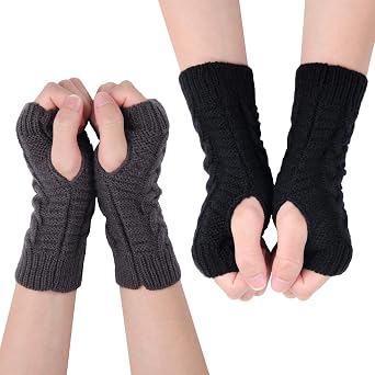 KINBOM 2 Pairs Unisex Half Finger Gloves, Stretchy Ribbed Arm Warmers Wrist Winter Knitted Fingerless Gloves for Women Men Winter Cold Weather Black & Dark Gray