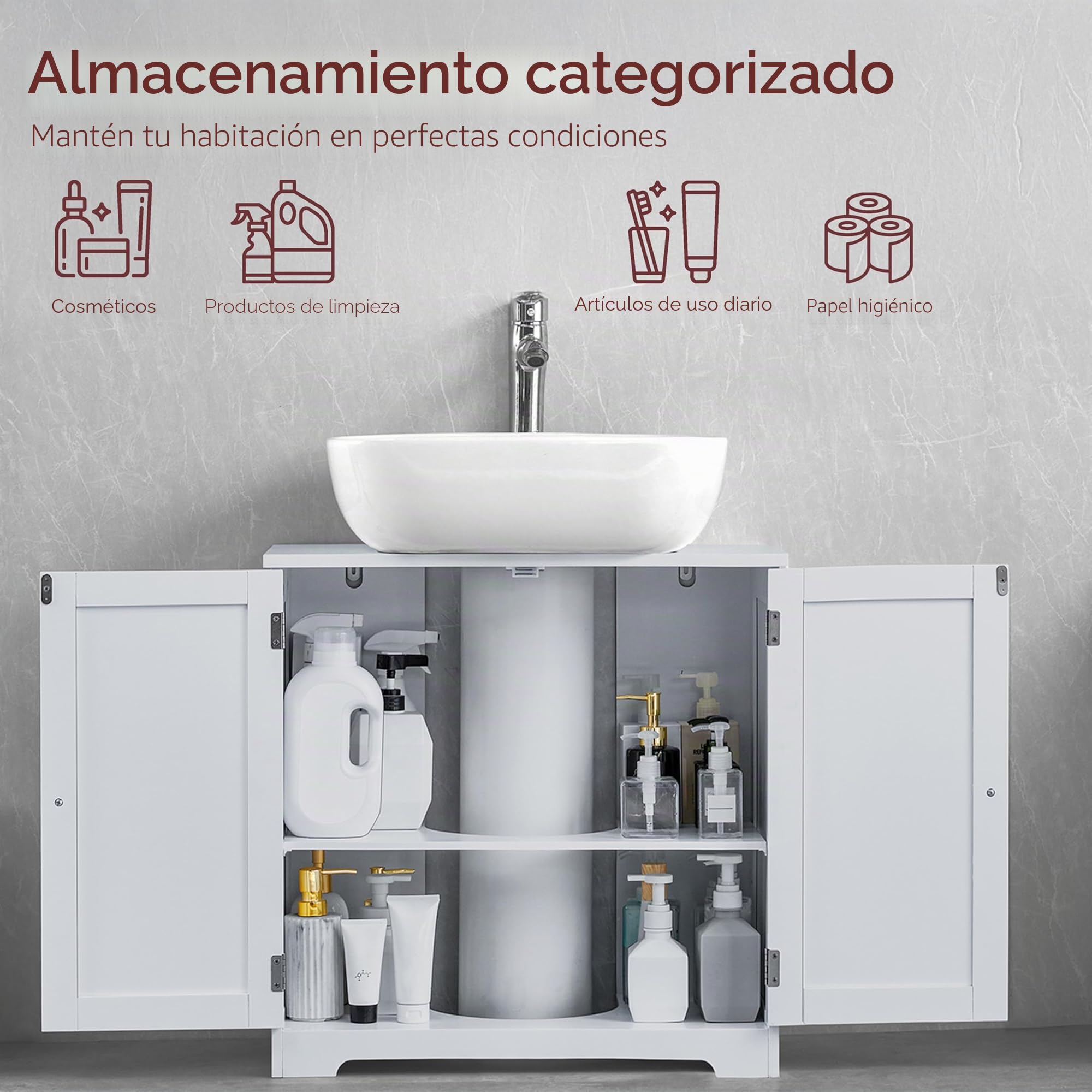 Home Discount Priano bajo Fregadero Armario de baño de pie Unidad de Almacenamiento Armario para Lavabo, Color Blanco