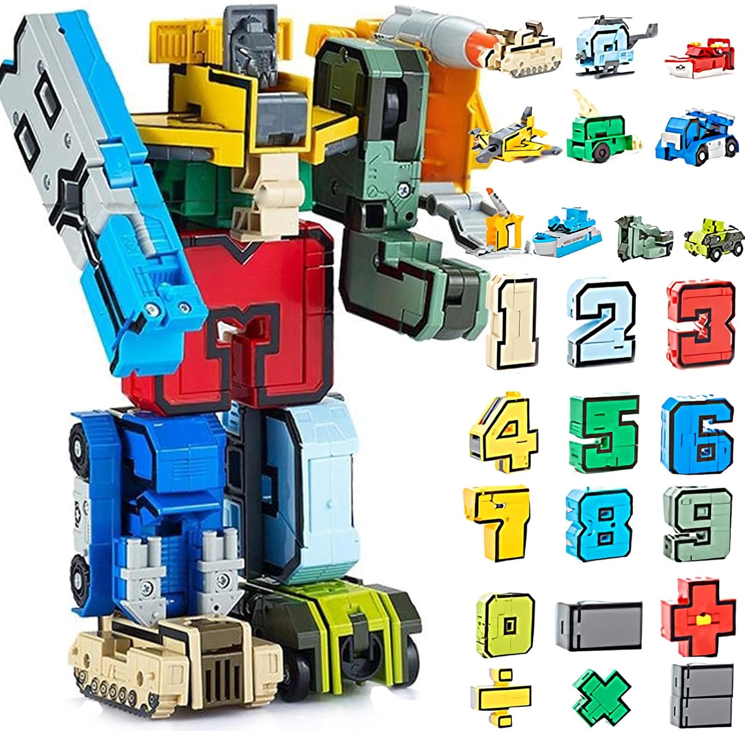 Number Transforming Toys 15 Pieces Number Robot, Number Blocks for Learning & Play Transform Into Car Vehicle/Airplane/Boat/ STEM Educational Toys Christmas Birthday Gift for Boys Girls 3-10 Years Old Multicolor