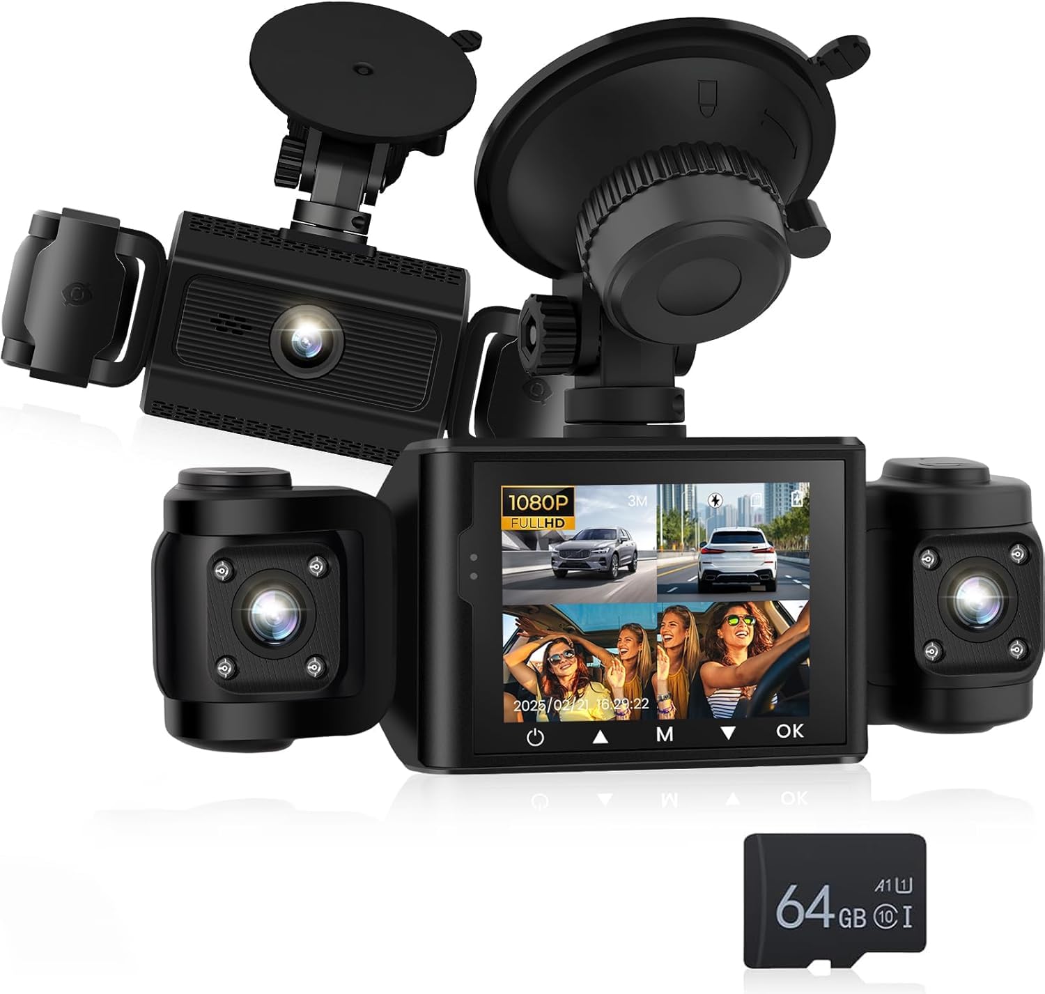 Caméra embarquée Avant et latérale NHOPEEW 1080P avec détection de Mouvement et Enregistrement en Boucle - Caméra embarquée HD 3 canaux avec Angle Large à 360° Installation Facile + Carte TF 64 Go