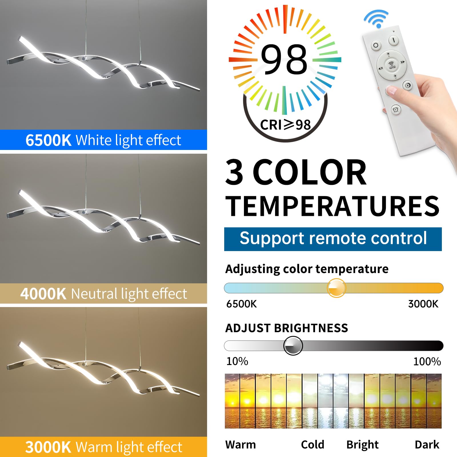 Mikeru Luce a Sospensione Moderna ad Onda, Luce a Sospensione Ondulata LED Cromata da 120cm 3000k/4500k/6500k Dimmerabile Dal 10%-100% Luci a Sospensione Regolabili in Altezza da 1cm-150cm per Isola