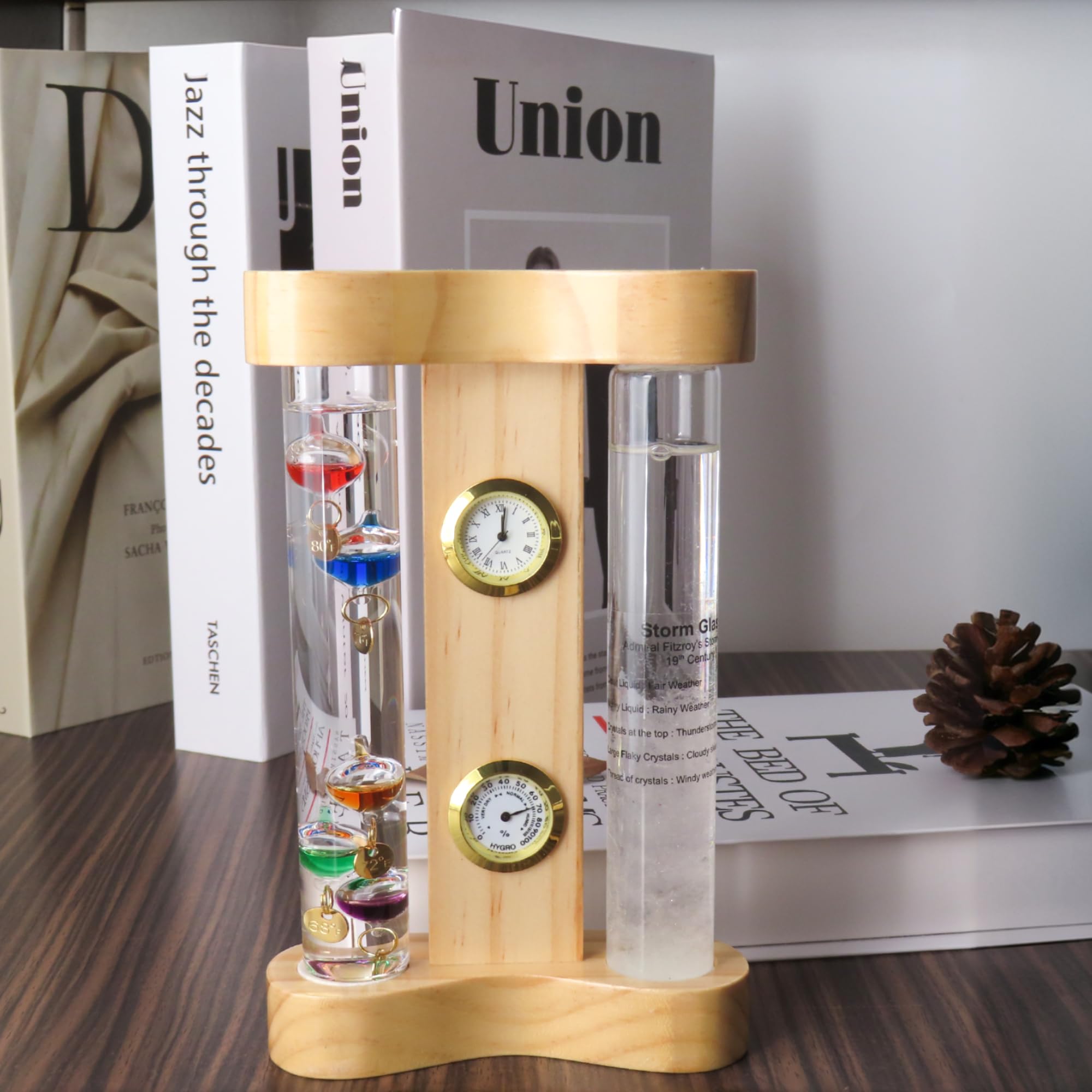Lily's Home Stazione meteo analogica con termometro Galileo, vetro temporale, orologio al quarzo e igrometro, telaio in vetro e legno, termometro Galileo per interni ed esterni decorazione per la casa