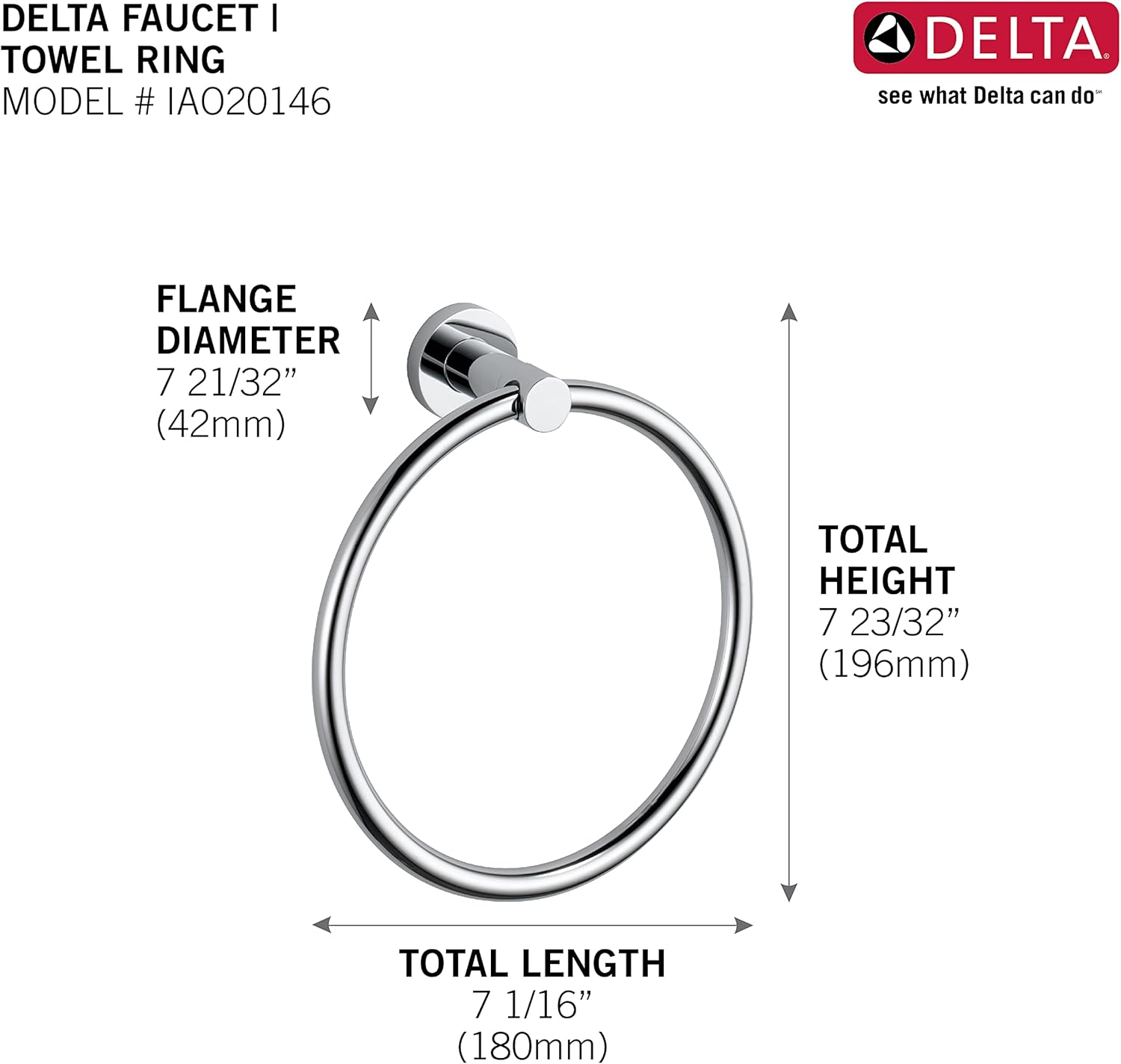 Delta, IAO20146, Lilah 7-1/16" Wall Mounted Towel Ring, Chrome