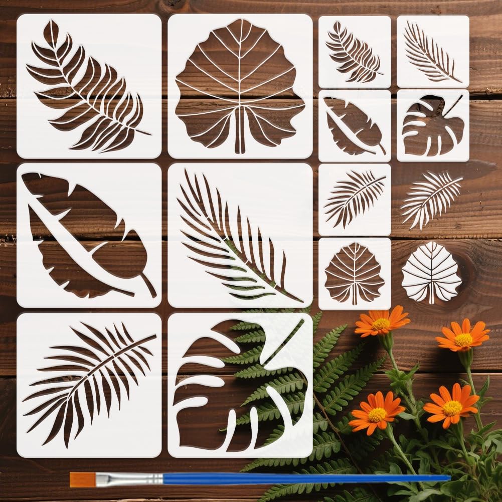 Pochoir peinture feuilles végétales en plastique souple lavable 15x15cm avec pinceau de traçage