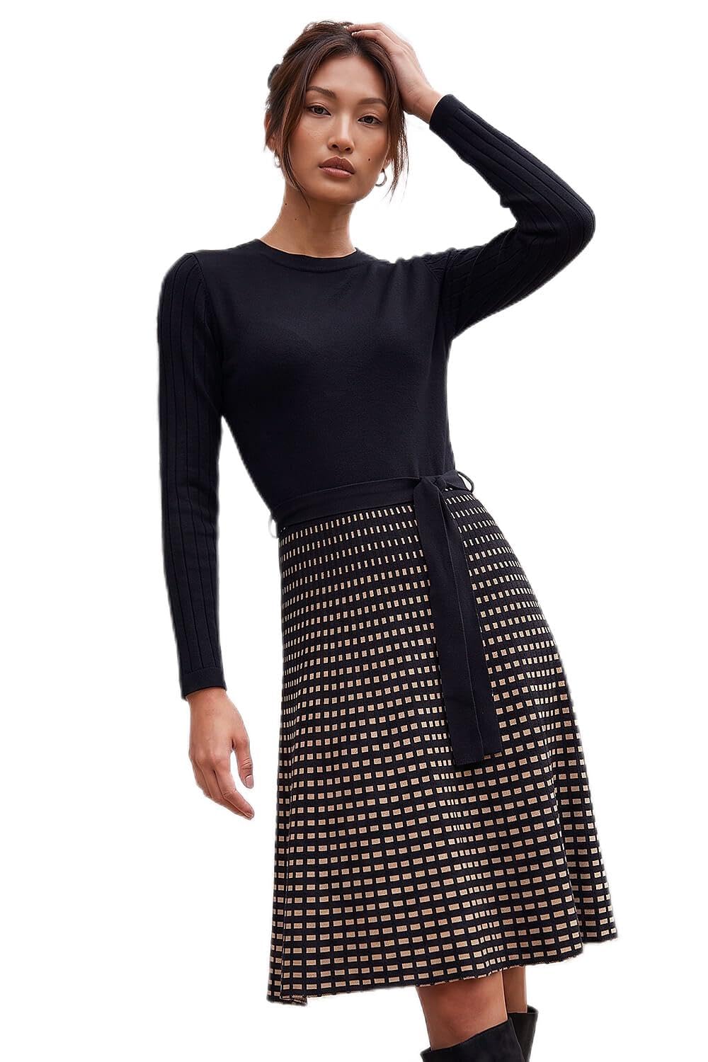 Roman Originals Women's Black Grey Chevron Print Belted Jumper Dress For Uk - Everyday Autumn Winter Round Neckline Comfy Soft Evening Vacation Work Party Night Out - Size 14