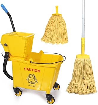 35-Qt Commercial Mop Bucket with Wringer & Drain Hose, Mop Cart on Wheels | Complete Cleaning Set with Loop-End Mop & Replacement Mop Head, for Floor Cleaning