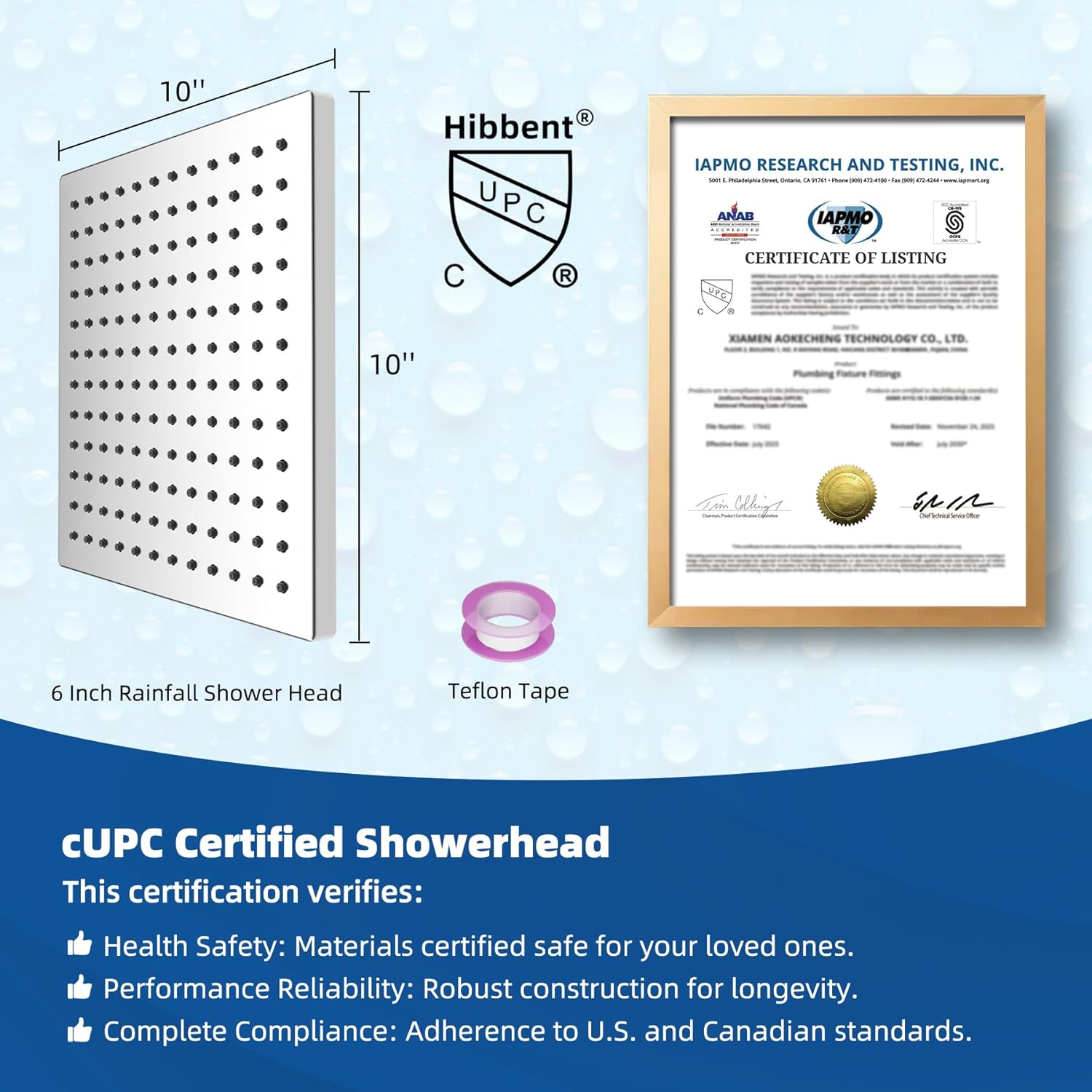 Hibbent cUCPC Certified Metal Showerhead, 10'' High Pressure Rainfall Shower Head, Square Large Bathroom Waterfall Shower Heads, High Flow Fixed Showerheads with Adjustable Brass Ball Joint, Chrome