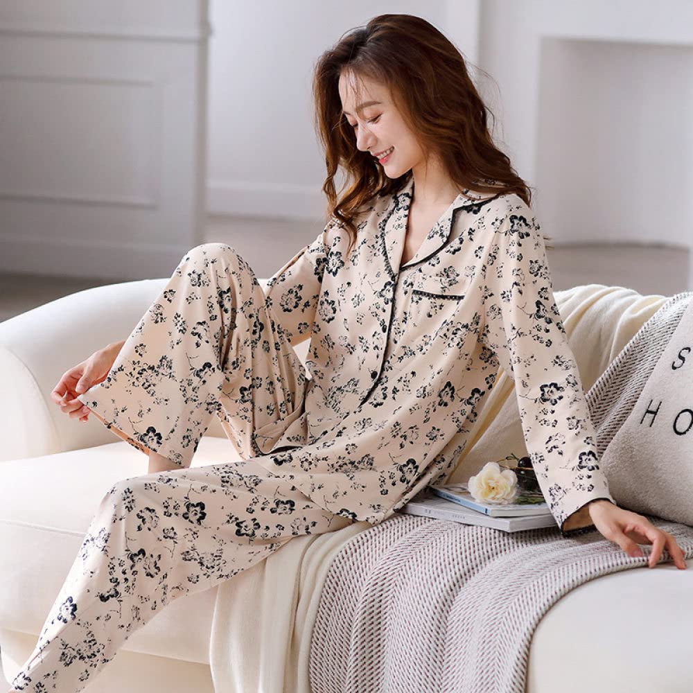 Pijama Mujer,Conjuntos De Pijama De Algodón Para Mujer Bolsillos Con Botones Florales De Solapa Beige Elegante, Cálido, Cálido, De Manga Larga, Pjs Top & Amp; Bottoms Set Loungewear Ropa De Dorm