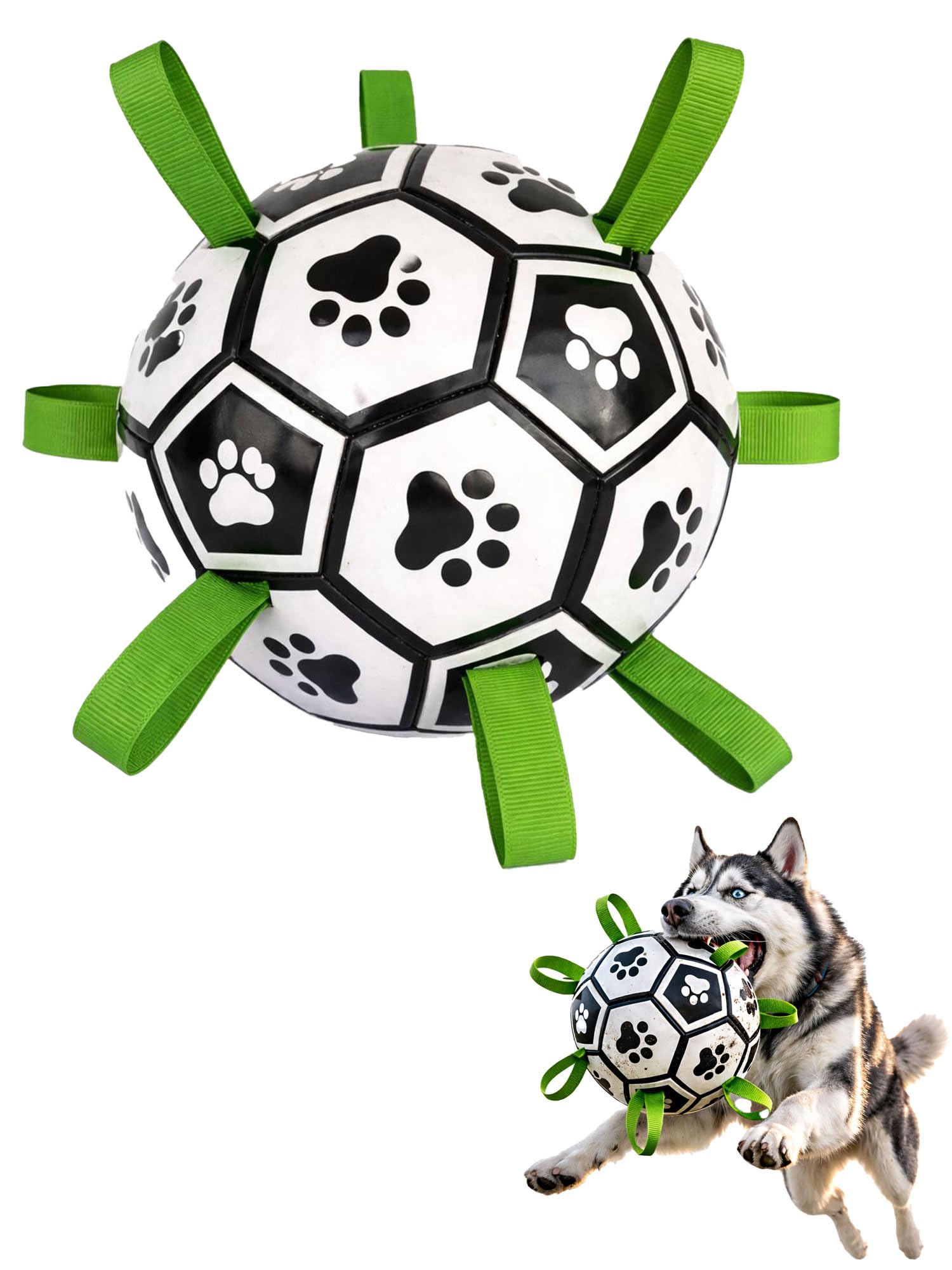 SUPA PAWS Football for Dogs, Interactive Dog Football, Durable High Bounce Dog Balls Pet Toys, Water Floating Dogs Ball, Indoor & Outdoor Dog Toys (White & Green, Small)