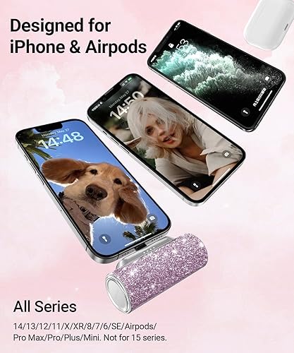 Miniatura 3 de 4smarts Mini cargador portátil para iPhone, batería externa de 4500 mAh con conector Lightning integrado, paquete de batería brillante con purpurina