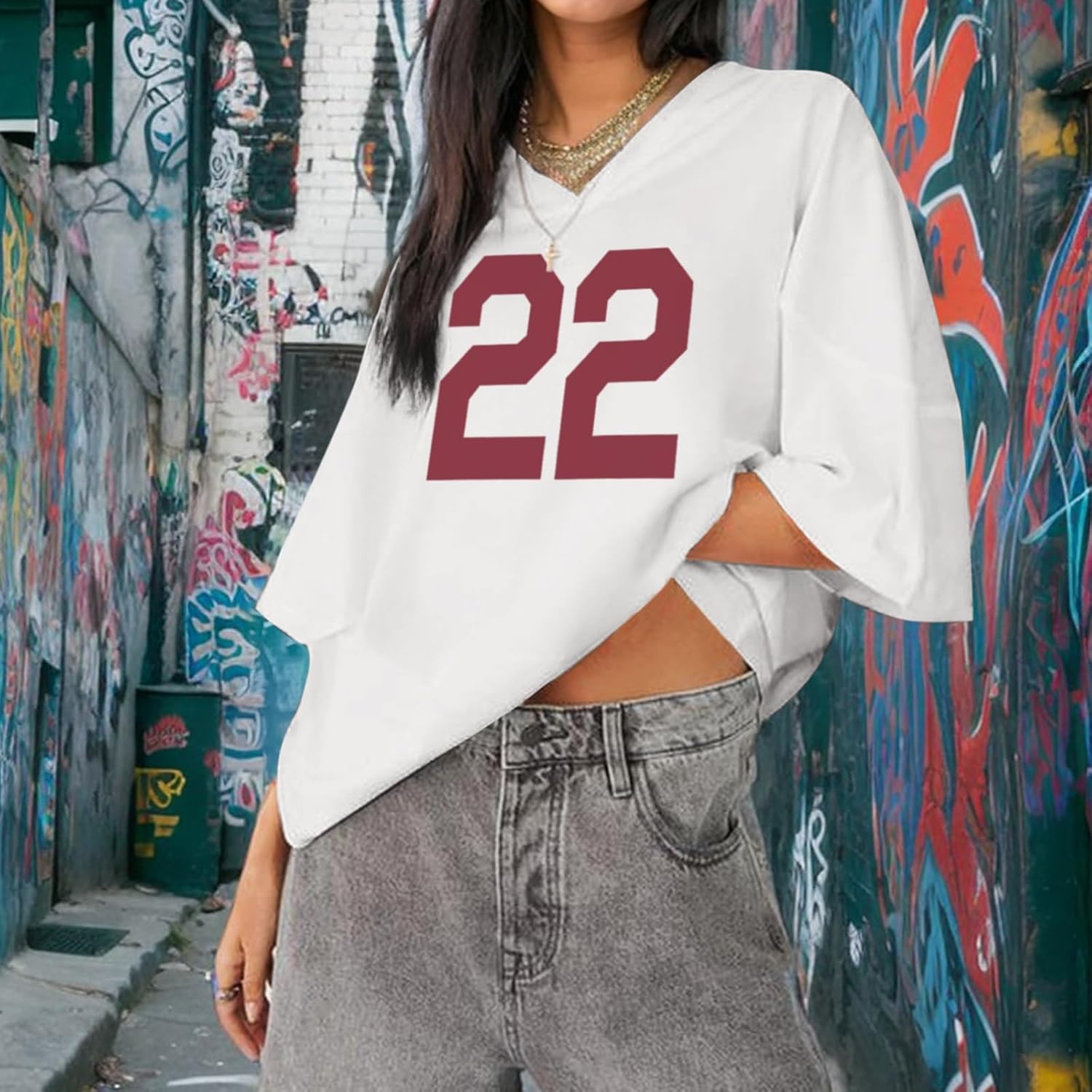 Jersey Shirts Oversized Graphic Tees Y2k for Women Number V Neck Baggy T Shirts Grunge Coquette Clothes Streetwear - Image 2