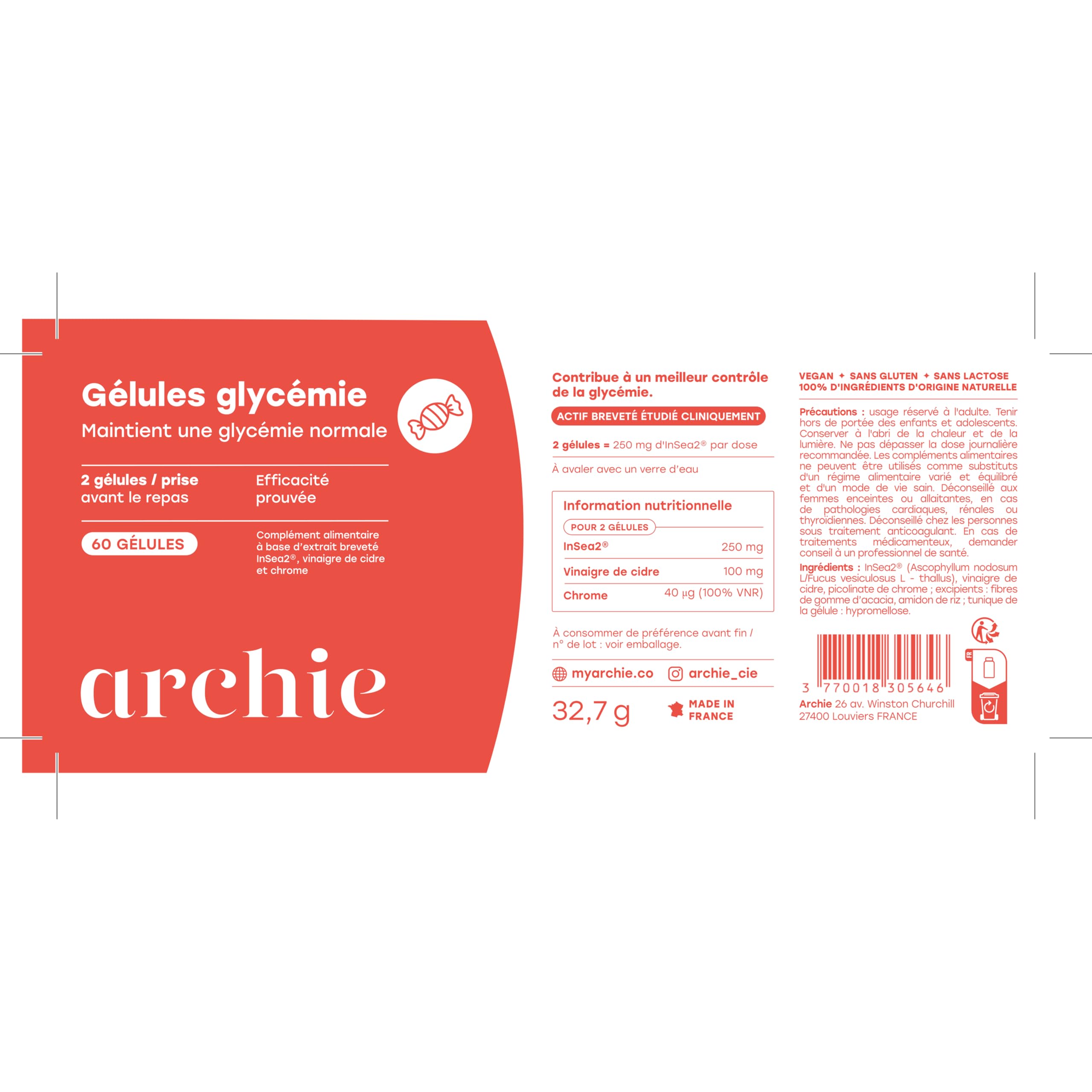 Archie, Gélules avec Chrome + Actif Breveté Biologique - Maintient une Glycémie normale. 8 études cliniques. Naturel, Vegan, Made in France. Cure de 1 mois. 60 gélules.