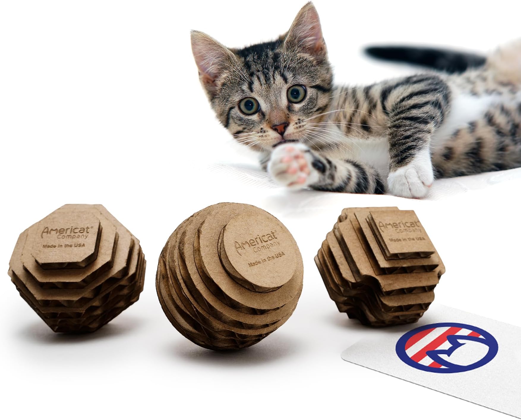 - Cat Ball Toys by Americat โ Made in USA โ Safe Cardboard Cat Toys โ for Interactive and Independent Play, Exercise & Stress Relief for All Breeds & Ages (Variety Pack of 3 Balls)