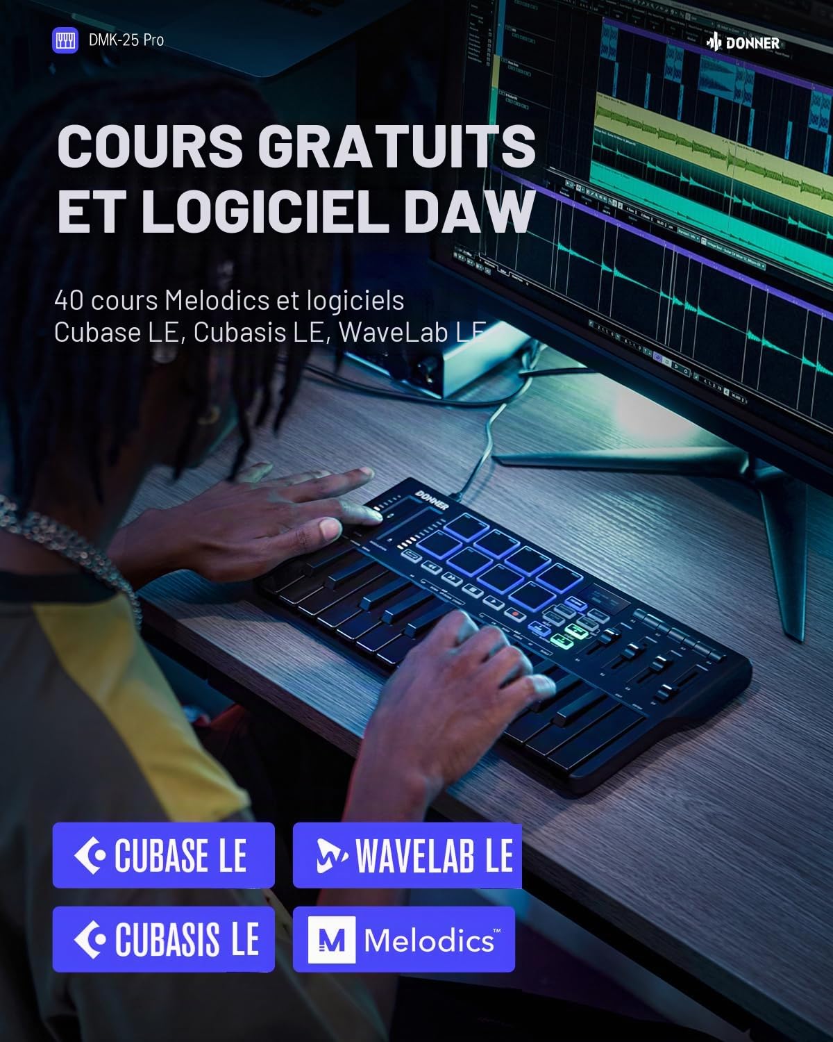 Donner Contrôleur Clavier MIDI USB-C, Mini Portable 25 Touches avec 8 Pads de Batterie,Écran OLED,16 Gammes Intelligentes,Arpège, Replay,4 Logiciels DAW et 40 Cours d’Apprentissage, DMK 25 Pro Noir