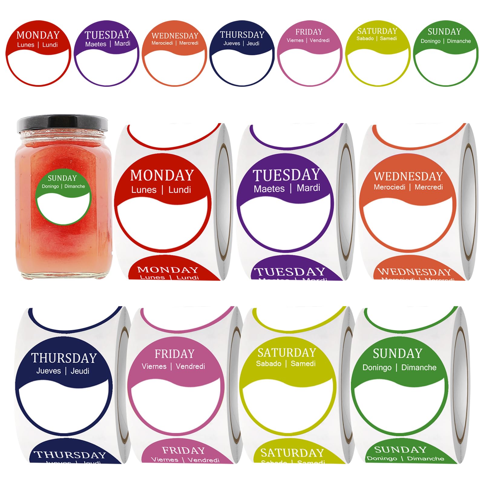 7 Rolls Round Week Label Stickers Monday to Sunday Food Labels Self Adhesive Colorful Day Dots Labels for Home Kitchen Office