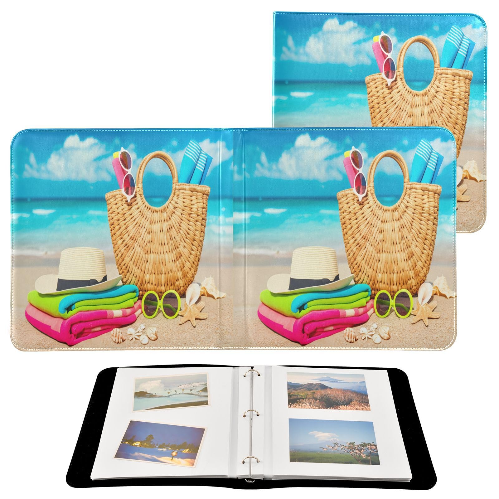 Stras Beach Sea Blue Leather Photo Album Self Adhesive Pages Scrapbook Album 3 Ring Binder Waterproof Photo Book for Wedding Travel Friends Couples
