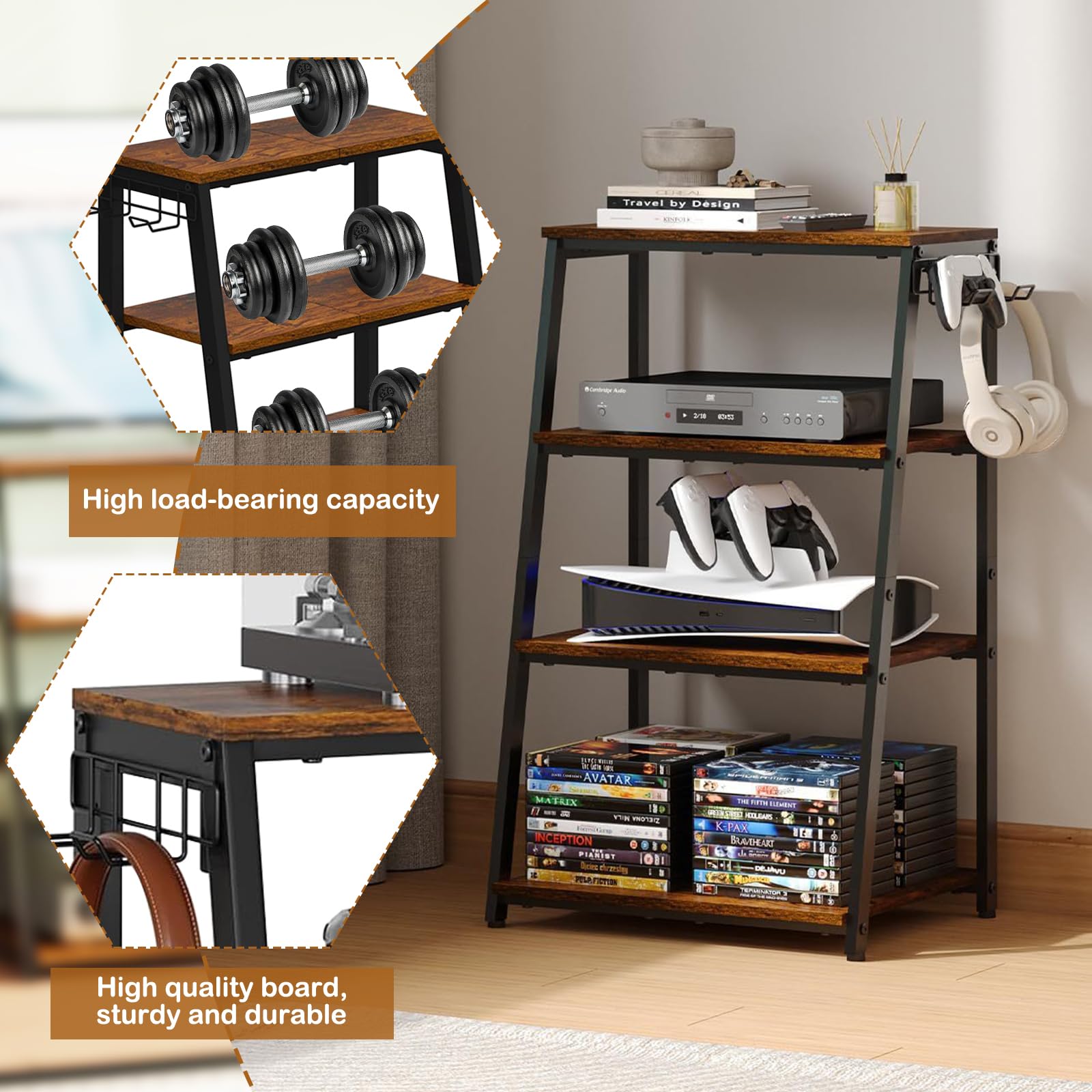 TWSOUL Rack HiFi a 4 livelli, giradischi, in legno e acciaio, torre audio, scaffale da gioco in legno con ripiani aperti, per giradischi e impianti stereo e impianto compatto, 48 x 36 x 80 cm