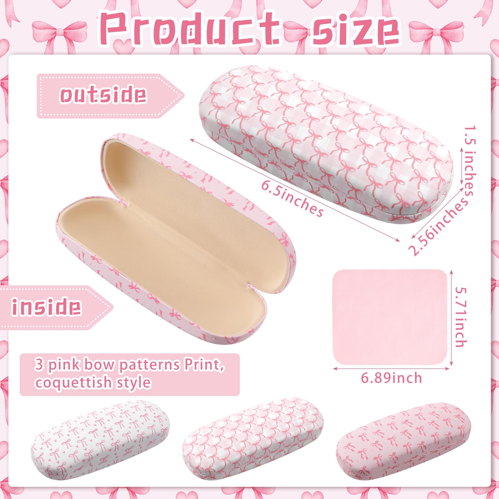 Fuyoooo Paquete de 3 fundas duras para gafas de sol con lazo rosa con paño de limpieza, caja de piel sintética para gafas de sol