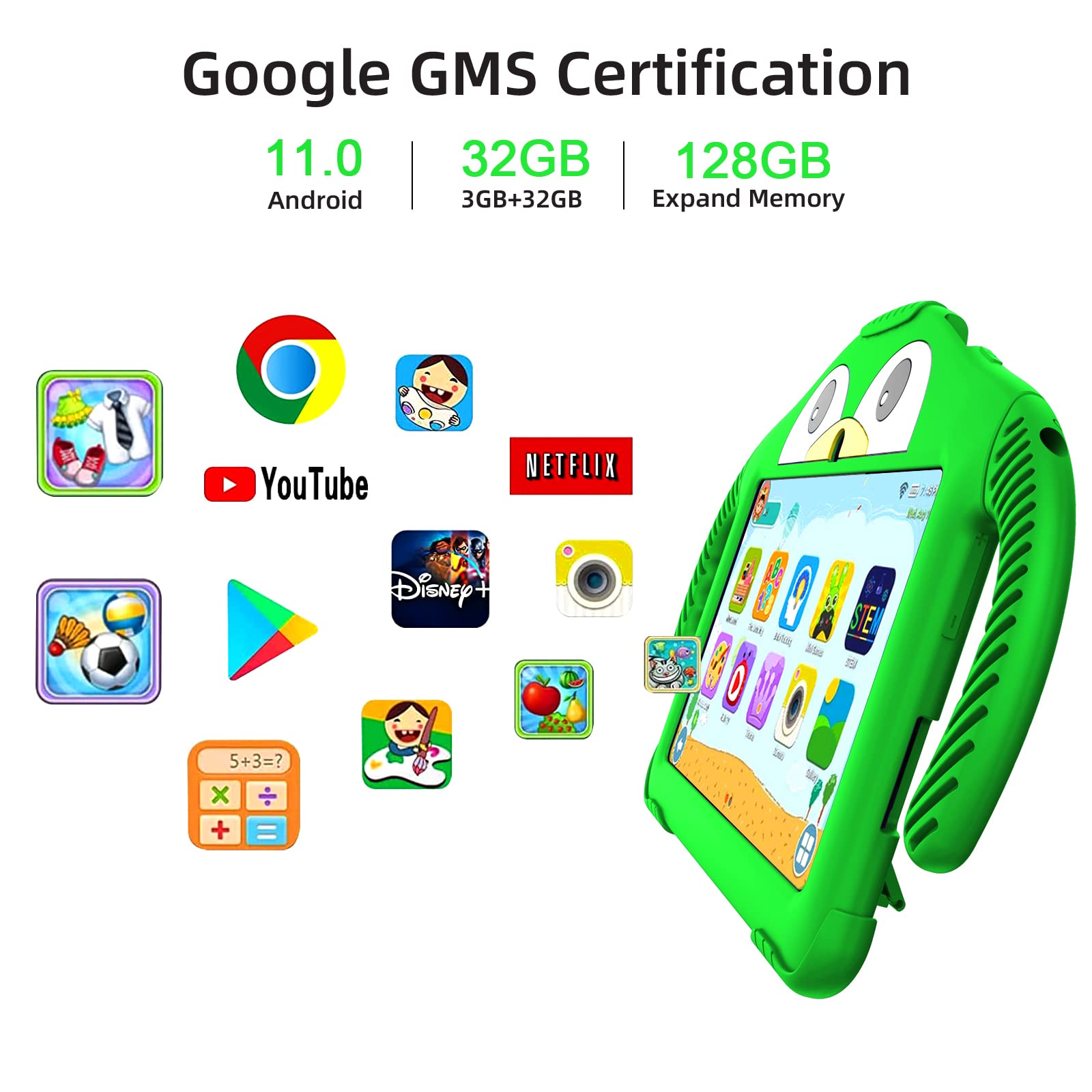 Kids Tablet, 7 inch Tablet for Kids 3GB RAM 32GB ROM, Android 11 Toddler Tablet with WiFi, Bluetooth, GMS, Parental Control, Shockproof Case, Google Play, YouTube, Netflix