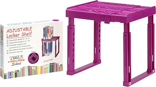 Adjustable Locker Shelf - Strong ABS Plastic - Width Adjusts from 8"-12.5" & Height Adjusts from 9 3/4"-14" - Patented Design - Beware of Cheap IMITATIONS - (Magenta)