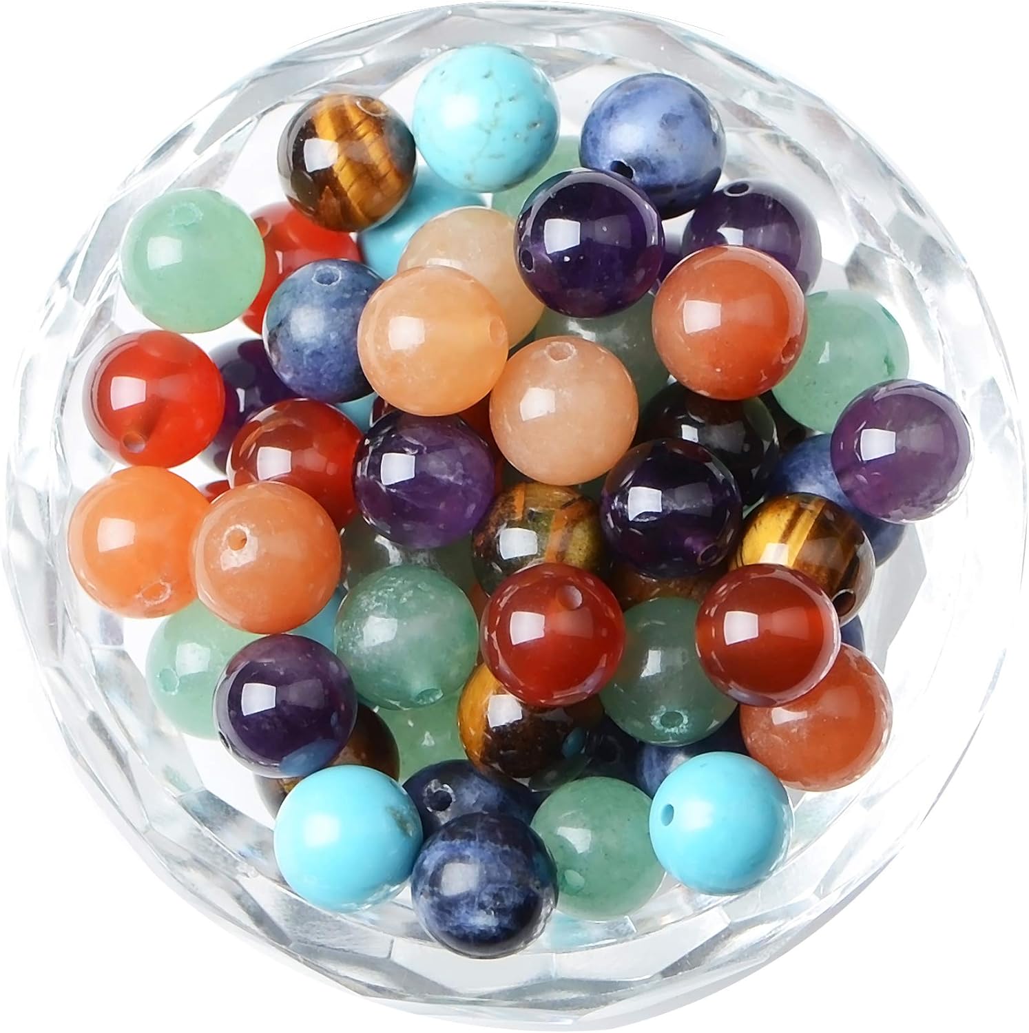 80Pcs Natural Crystal Beads Stone Gemstone Round Loose Energy Healing Beads with Free Crystal Stretch Cord for Jewelry Making (7-Chakra Beads, 10MM) Seven Chakra Beads 10MM