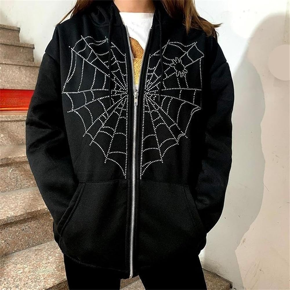 Aobiono Women Men Y2K Zip Up Oversized Hoodie Gothic Spider Web