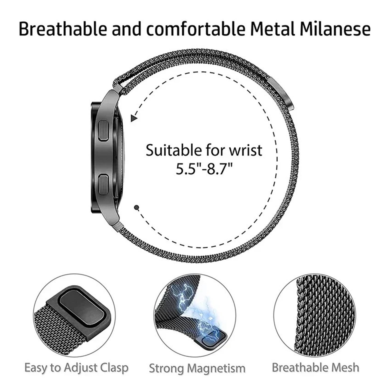 Bracelet magnétique en métal à boucle milanaise 20 mm 22 mm à libération rapide pour Samsung Galaxy Watch 6 5 4 Classic 46 47 mm Bip 5 GTR 4 3 GTS (Noir 2,20 mm)
