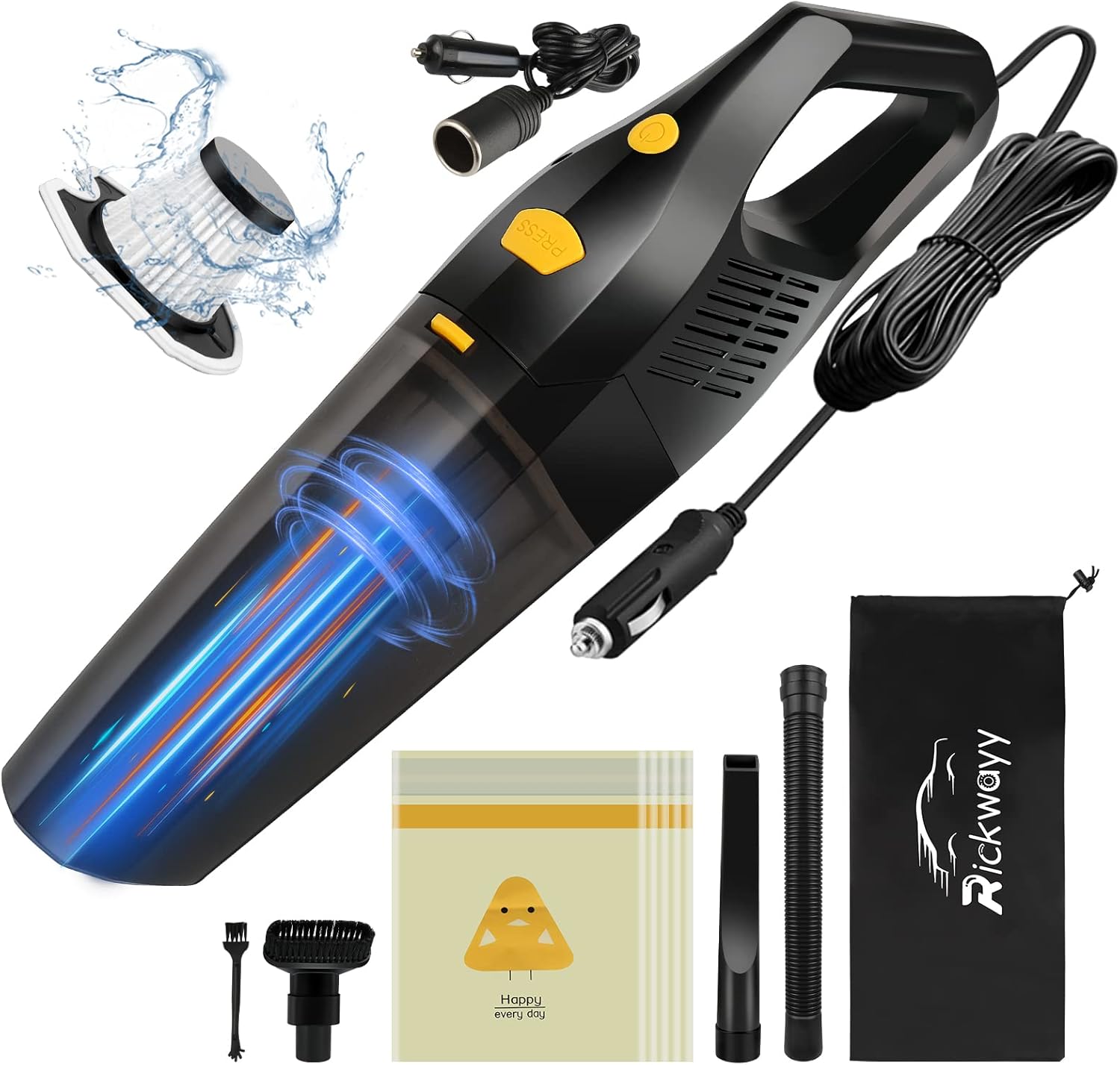 Rickwayy Car Vacuum Cleaner, Portable Vacuum Cleaner for Car, 12v 120w 8500pa Car Vacuum Cleaner High Power, LED Light and 16.4 Ft Cord, Aspiradora para Carro with HEPA Filter & Storage Bag