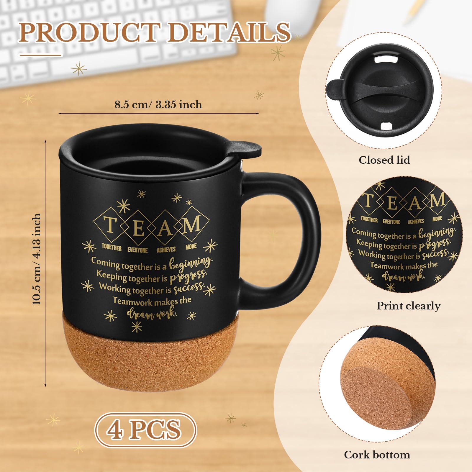 4 tazze da caffè motivazionali per dipendenti, regalo di apprezzamento con fondo in sughero, tazze di ringraziamento, regali per personale, volontari, colleghi, insegnanti, infermiere (nero)